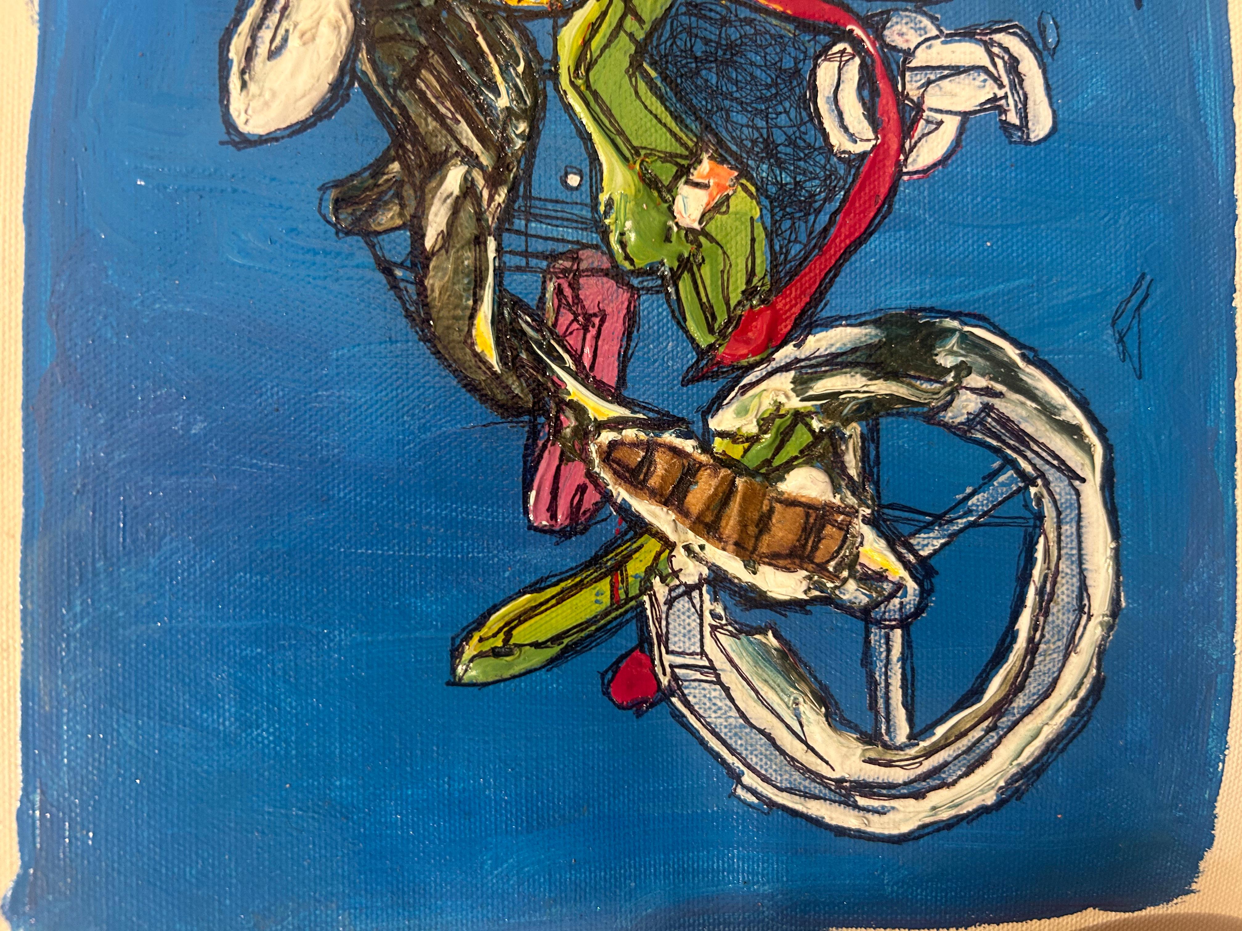 Small Blue Abstract Mixed Media Bicycle Painting on Paper For Sale 1