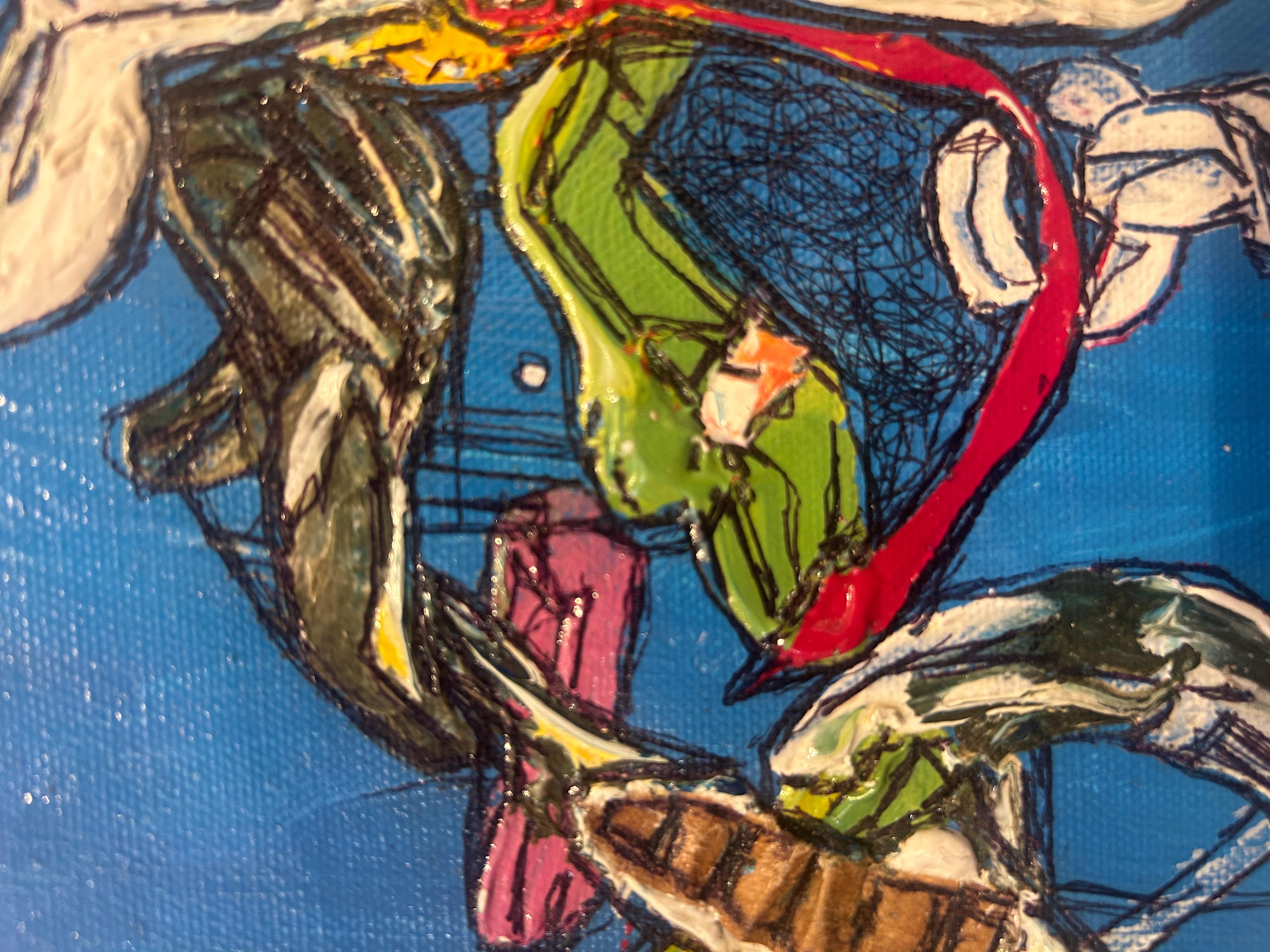 Small Blue Abstract Mixed Media Bicycle Painting on Paper For Sale 2