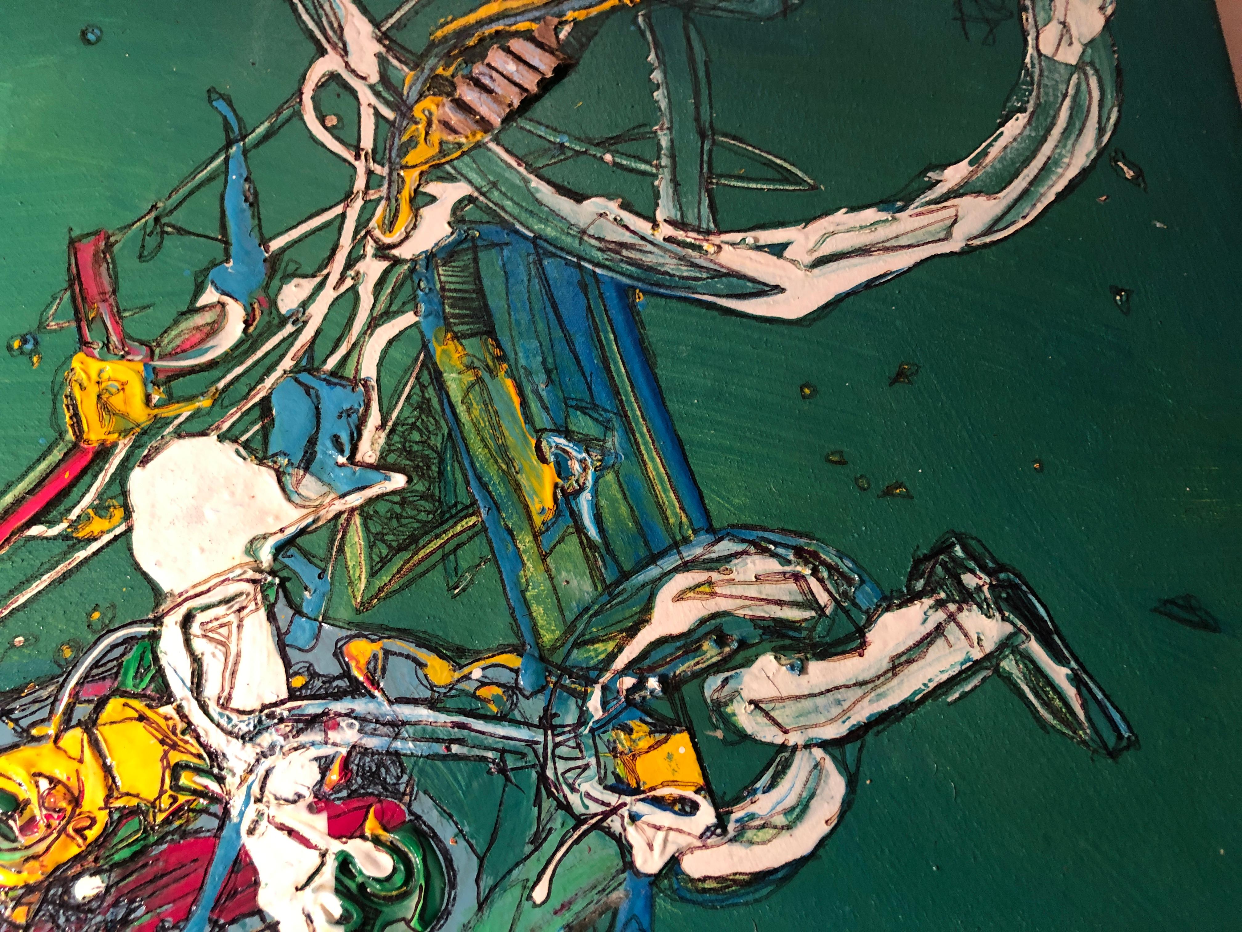 
Bike Transformer è un quadro astratto contemporaneo in acrilico dell'artista cubano Juan Lazaro. Si tratta di una bicicletta disegnata con linee sciolte e pennellate di vernice per ricreare l'ossatura dell'oggetto. La bicicletta contrasta con lo