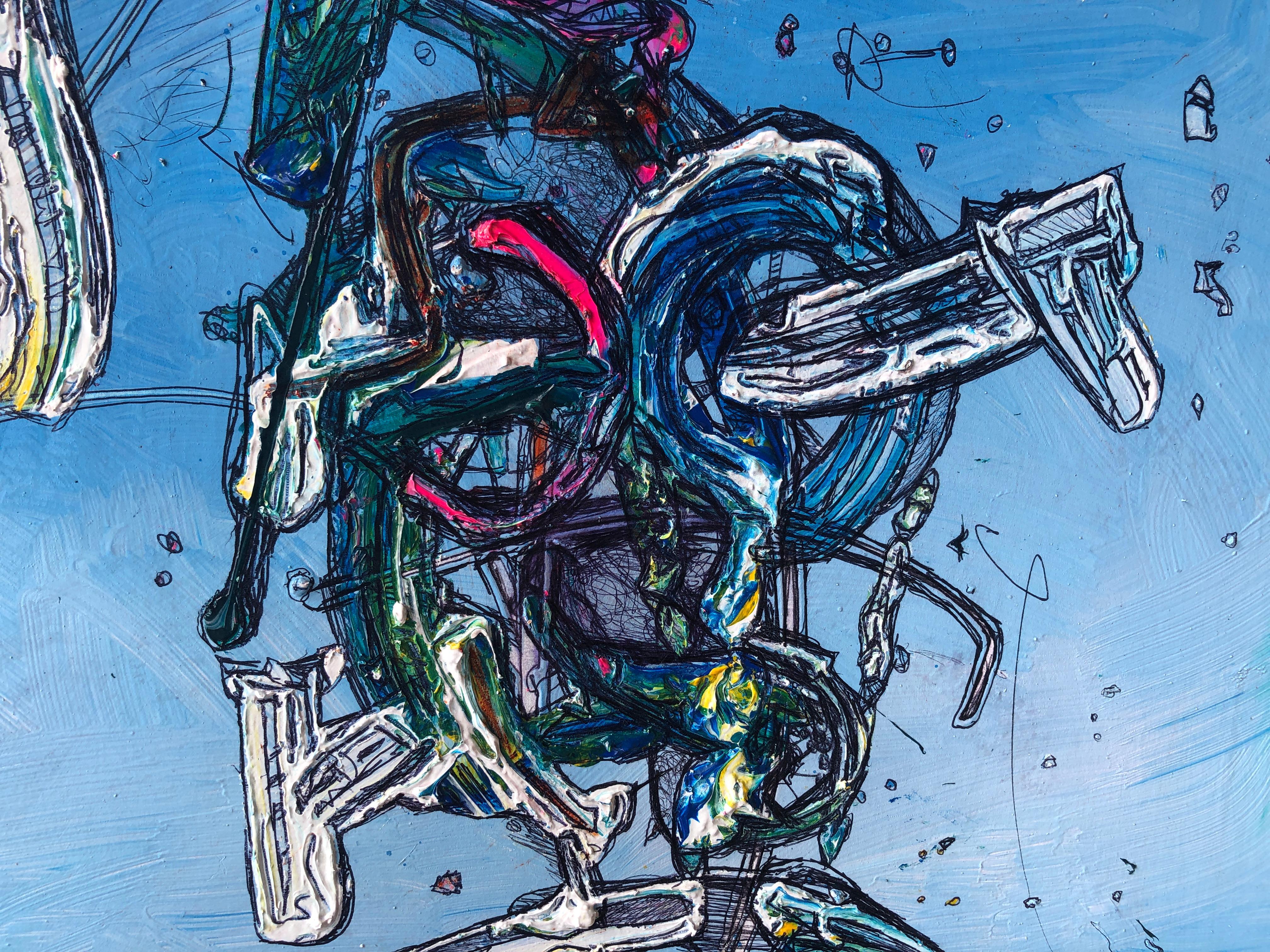 Amo la mia bicicletta: Pittura acrilica contemporanea - Painting di Juan Lazaro Gutierrez 
