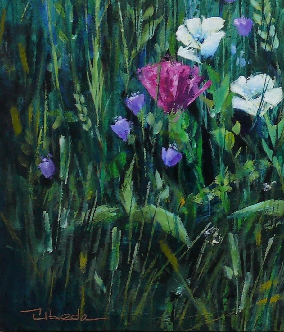 Flowers I. Úbeda. Acrylic on canvas Field of flowers under a bright night sky - Modern Painting by Juan Luis Úbeda