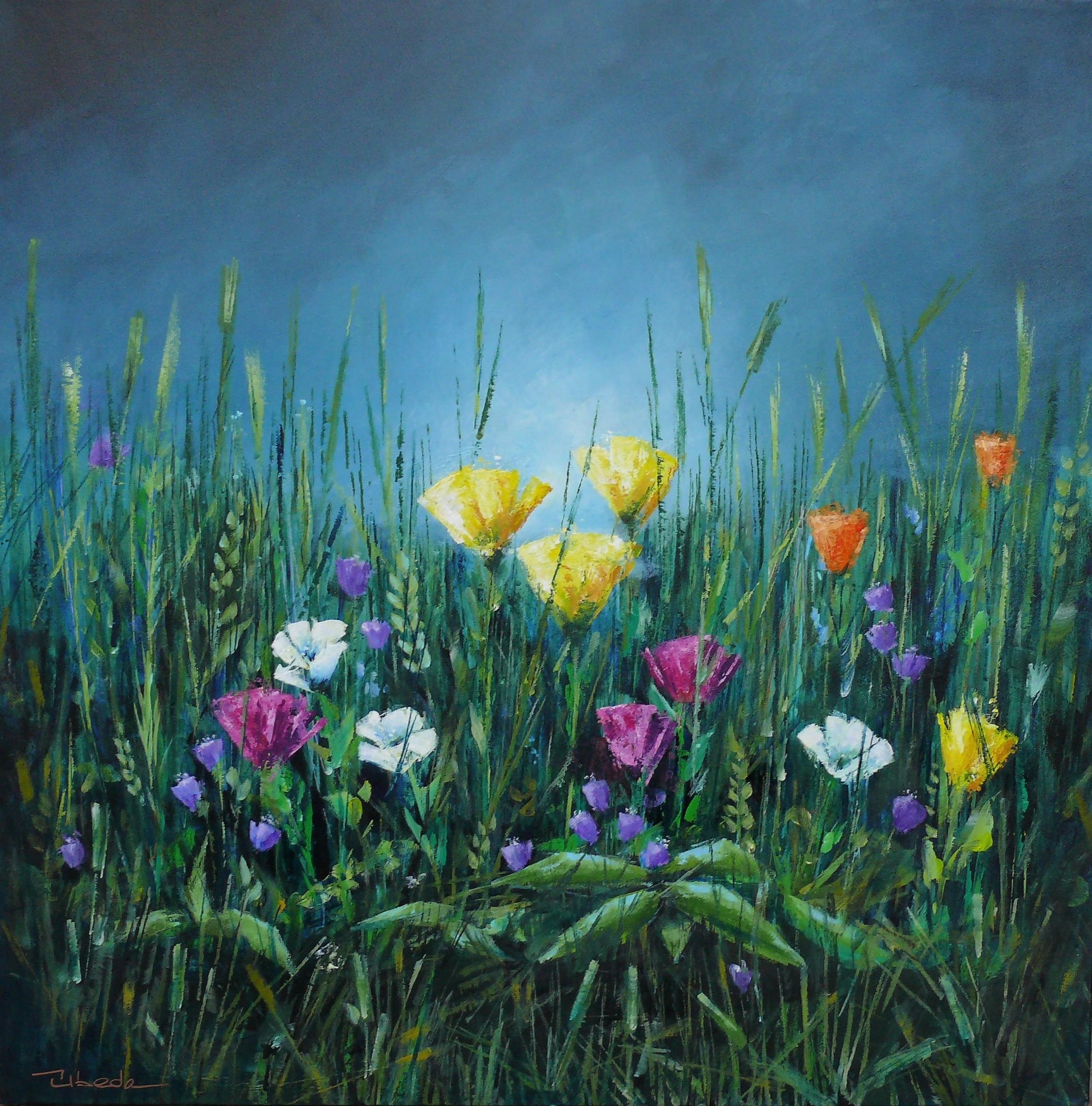 Juan Luis Úbeda Landscape Painting - Flowers I. Úbeda. Acrylic on canvas Field of flowers under a bright night sky