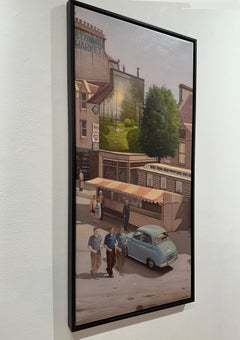 O'Connor Market - Pittura ad olio originale, scena urbana surreale con auto d'epoca