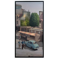 O'Connor Market - Original Oil Painting, Surreal Urban Scene with Vintage Cars