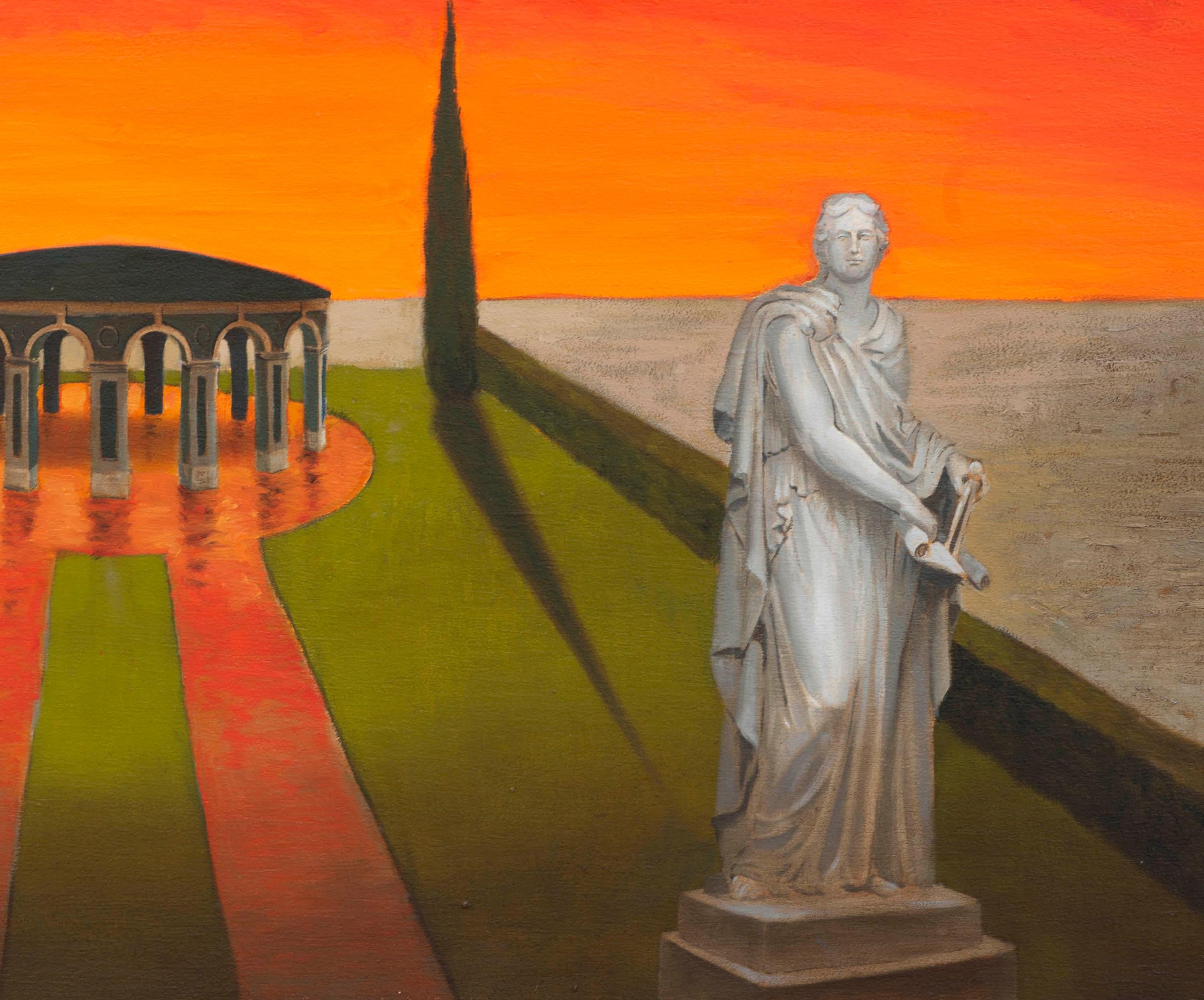 Eine erfundene Landschaft, die aus dem Nichts entstanden ist. Eine Hommage an Architektur und Perspektive.  Das hilft uns, zu sein, uns zu bewegen und den Raum zu verstehen. Eine Landschaft mit Garten  
der in der Abenddämmerung in der Wüste zu