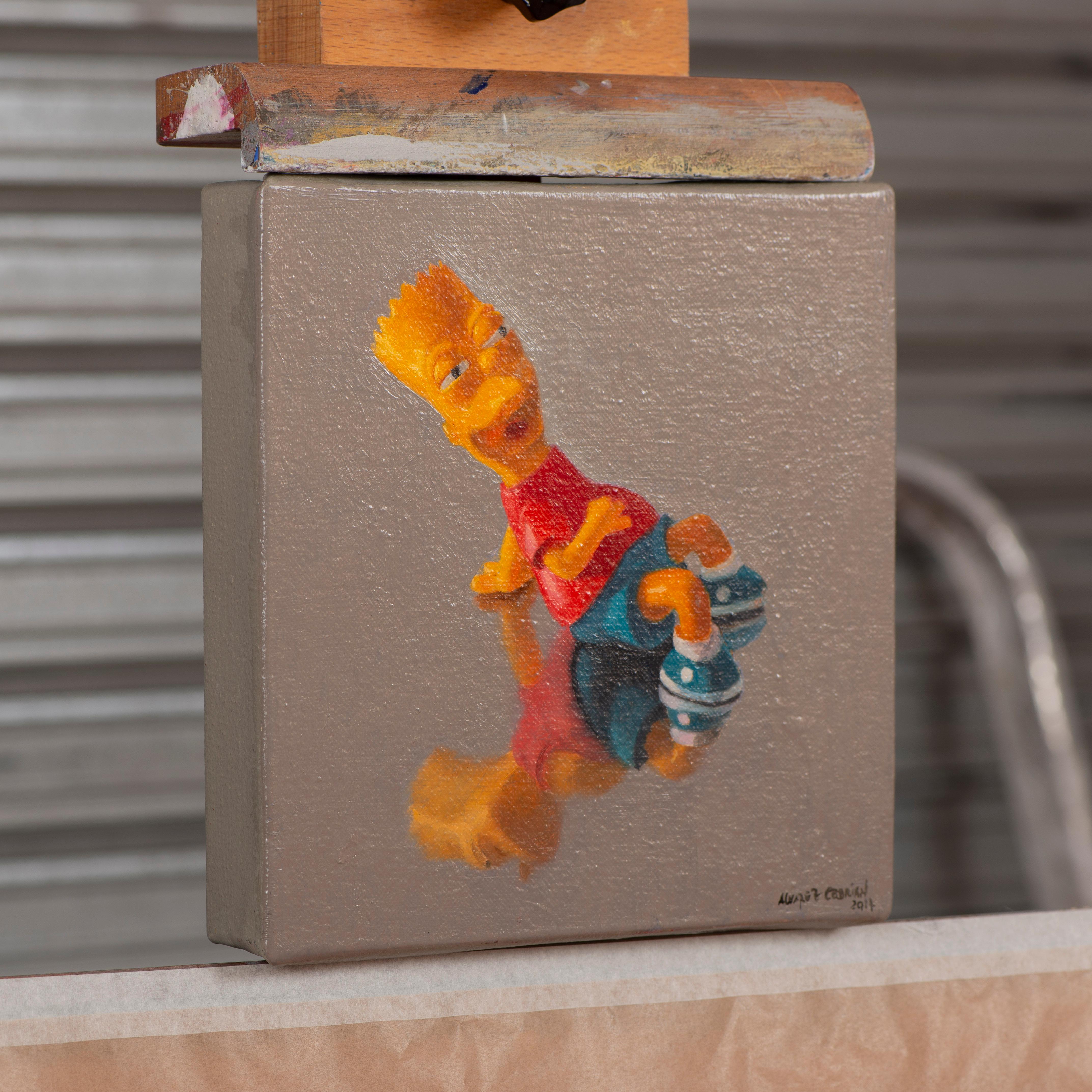 Das Diptychon bietet eine einzigartige Interpretation der beiden Kultfiguren der Popkultur, Bart und Lisa Simpson. Beide werden mit Plastikfiguren dargestellt, was ihnen einen nostalgischen und dreidimensionalen Touch verleiht. Bart wird sitzend