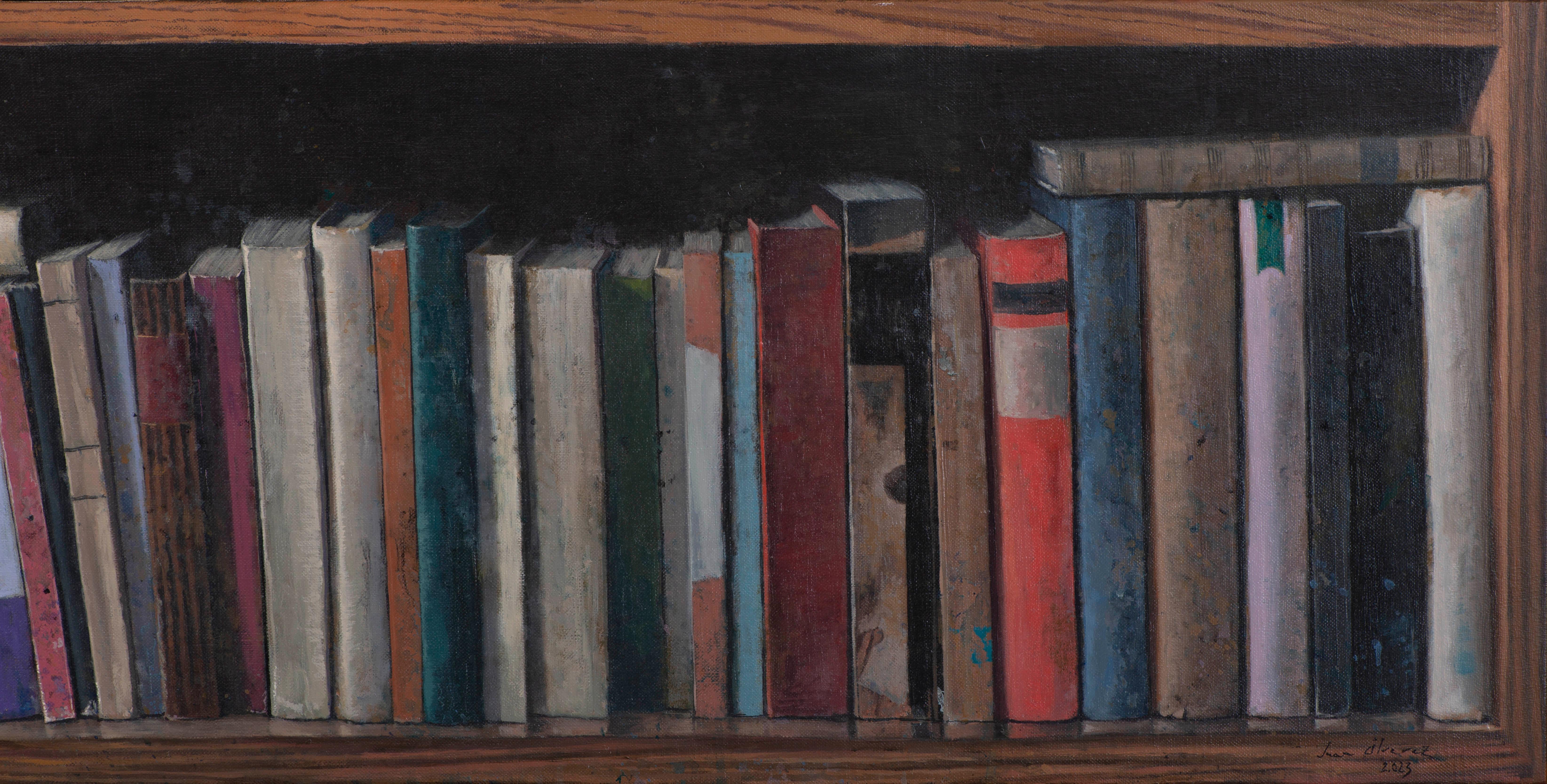 Peinture panoramique découpée. En effectuant un parcours visuel, on découvre progressivement les objets représentés qui composent l'œuvre. Ces objets sont issus de l'histoire du peintre. Des éléments vivants, posés sur un pan d'une ancienne étagère
