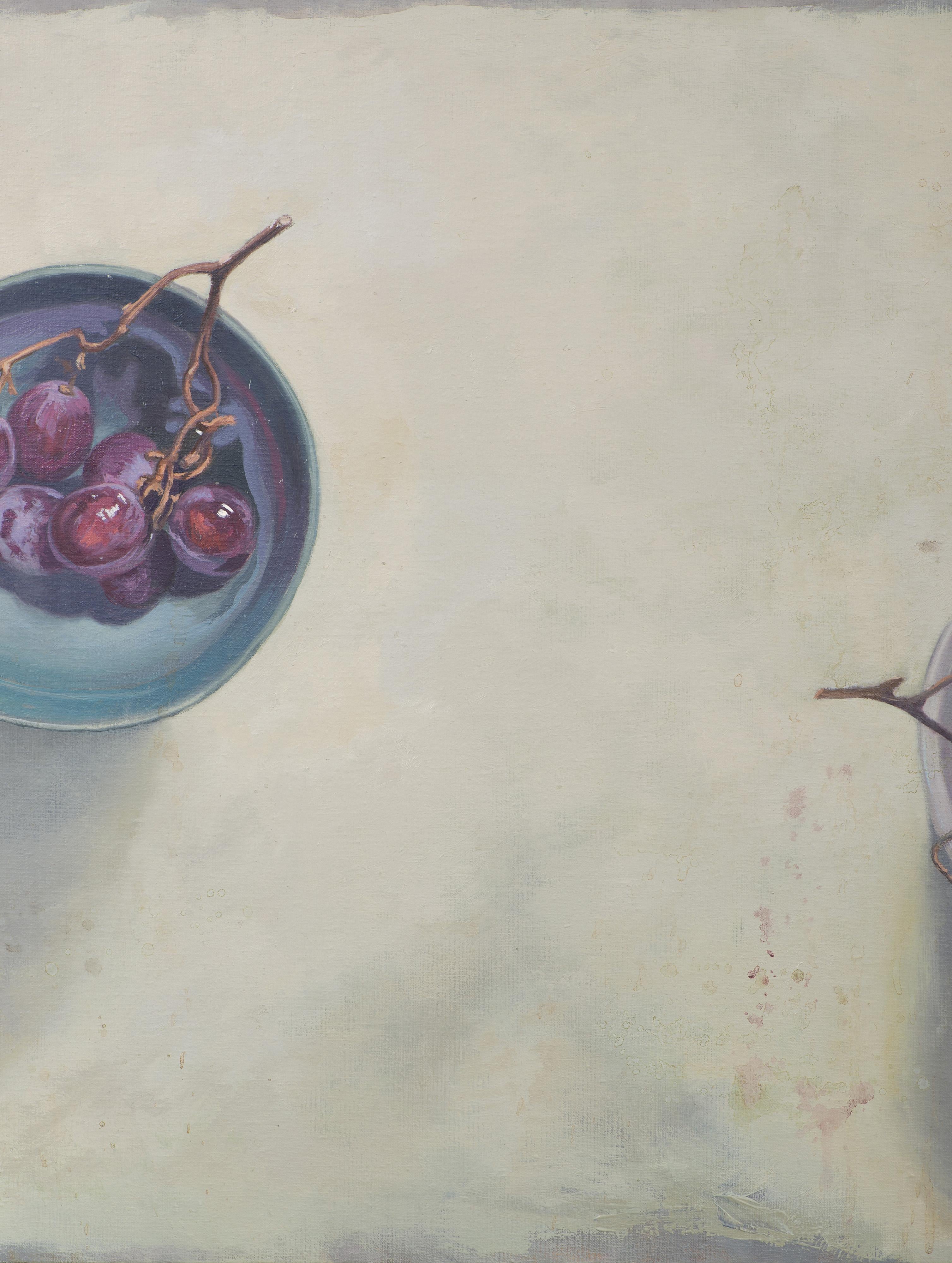 The artwork presents an elegant and balanced composition where two bowls with grapes are harmoniously distributed across the canvas. One bowl occupies the center, capturing the viewer's attention, while the other subtly appears on the right edge,