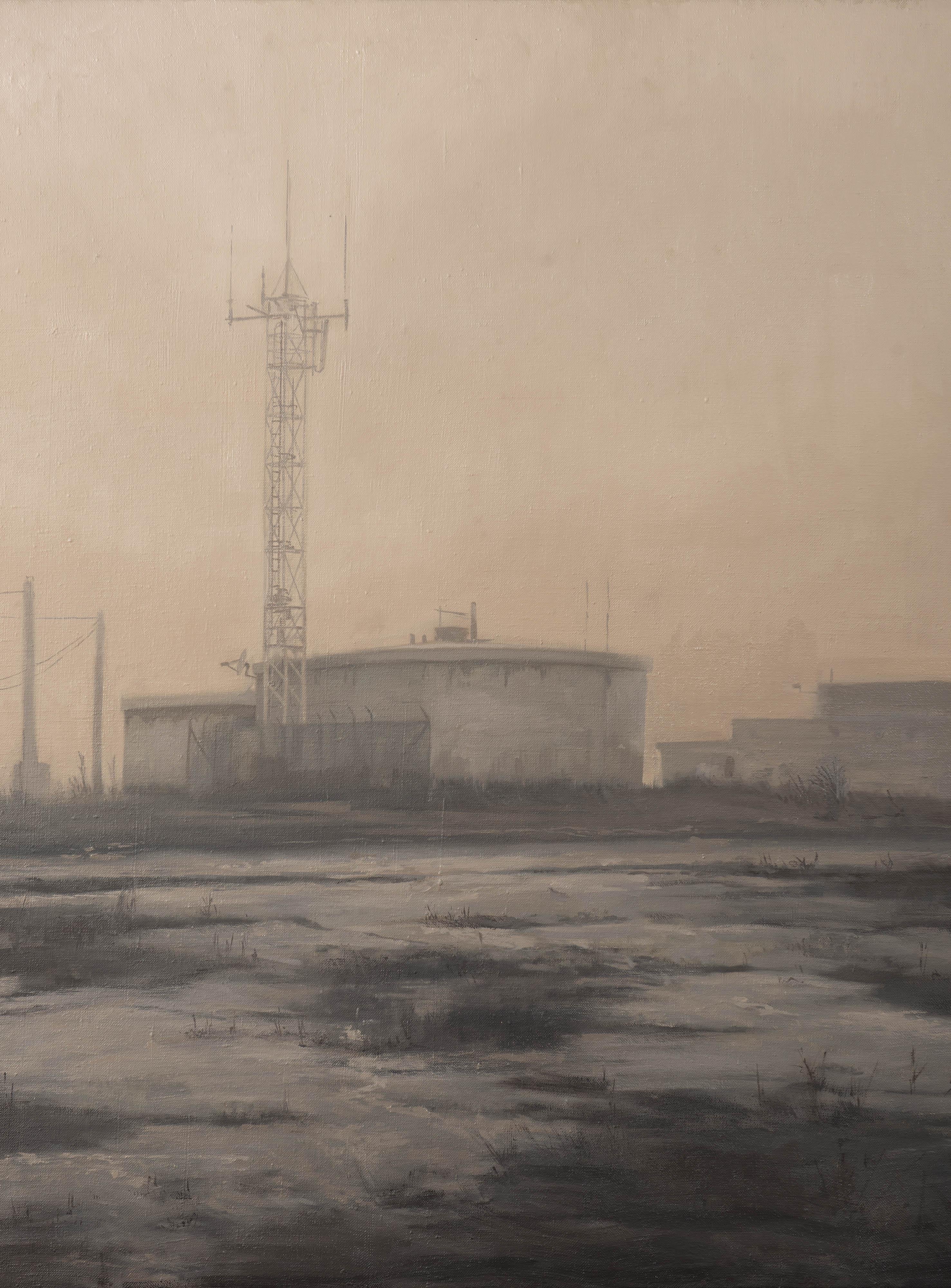This large-format painting captures a winter scene where water tanks mysteriously emerge from a dense fog. During a morning walk, the landscape translates almost into black and white, with the structures, like ghostly buildings, blurring into the