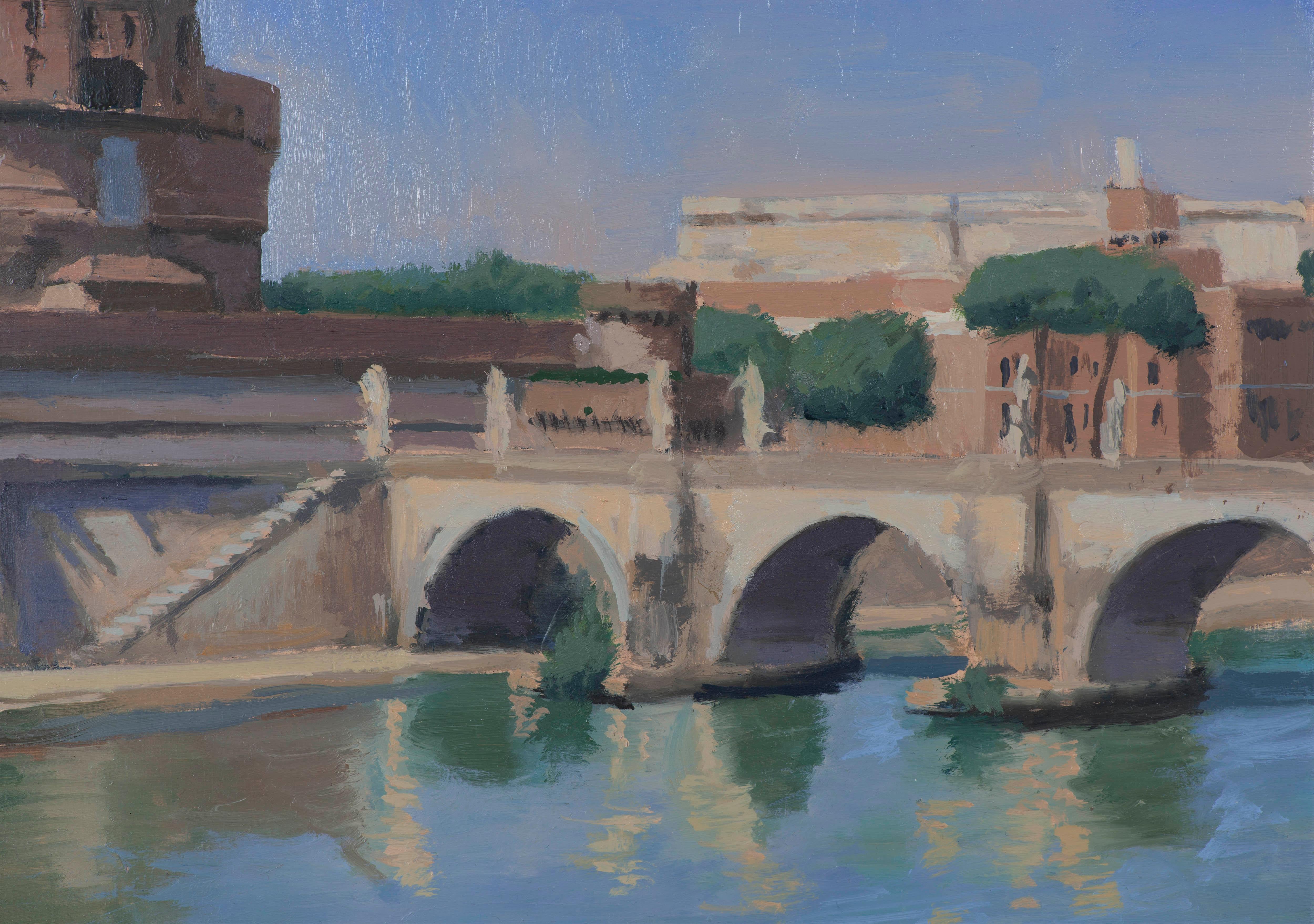 Castel Sant'Angelo III ist eine eindrucksvolle Darstellung des Herzens von Rom, die einen ewigen Augenblick einfängt, in dem Vergangenheit und Gegenwart harmonisch nebeneinander bestehen. Diese kleine Studie bietet einen kontemplativen Blick auf die