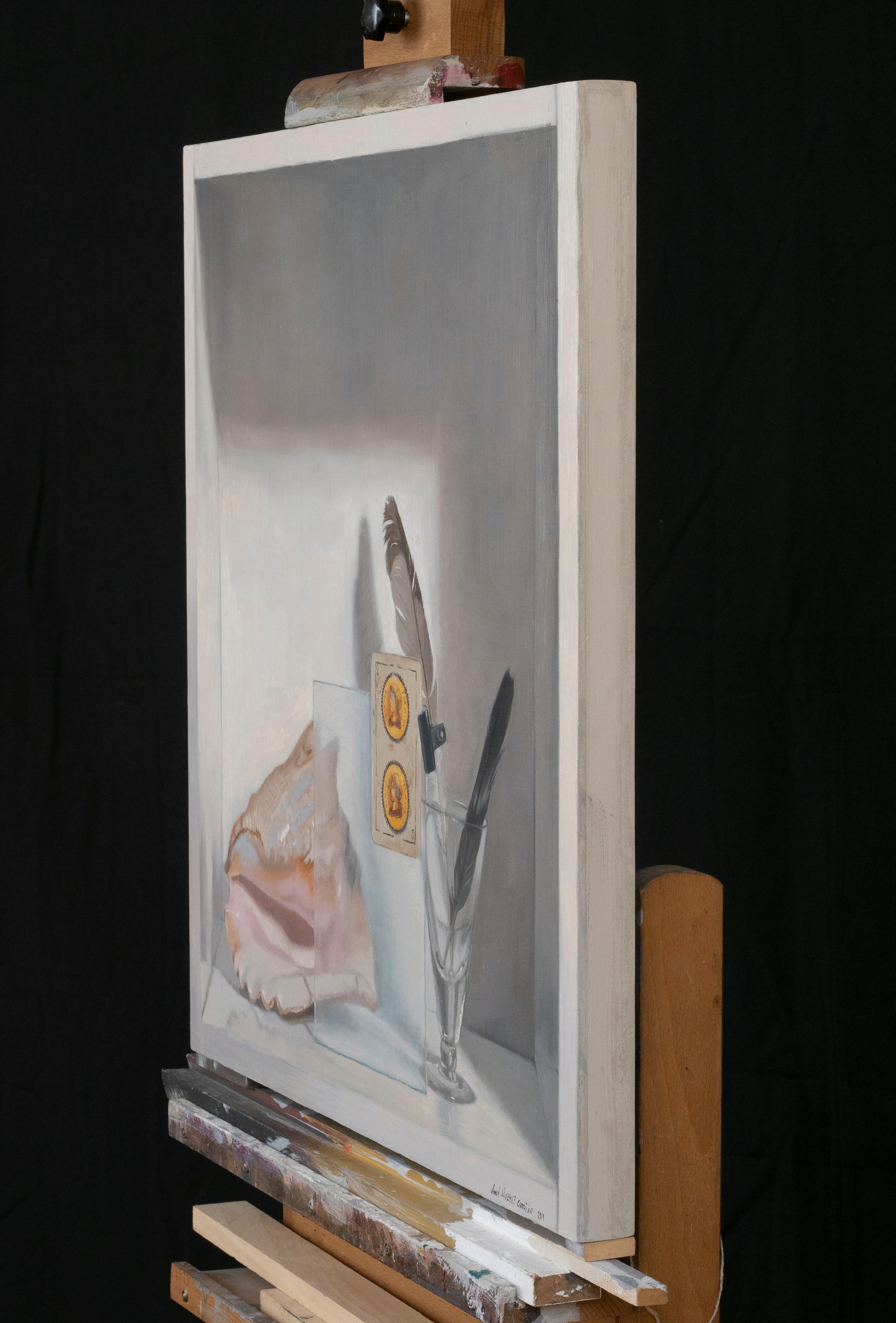 With these objects I have worked for two years in a short series of still lifes. Treating the perspective inside the painting as a trompe l'oeil seemed to me an interesting idea. 
interesting. Showing objects arranged inside the shelf, playing with