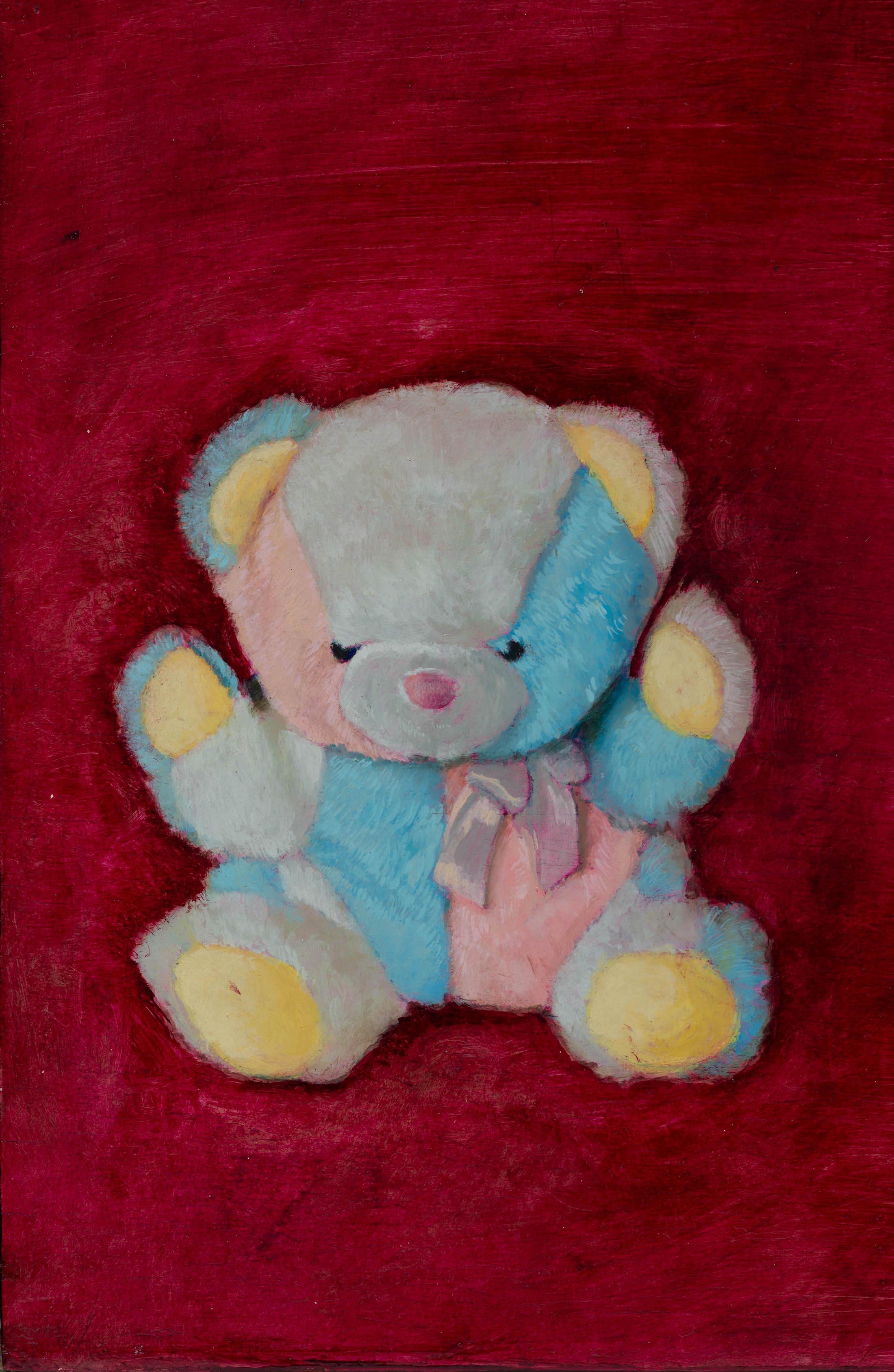The artist has divided the image into three vertical bands, reminiscent of a flag, where each section represents a distinct and autonomous reality. On the left, against a vibrant crimson red background, a pastel-toned teddy bear stands out, evoking