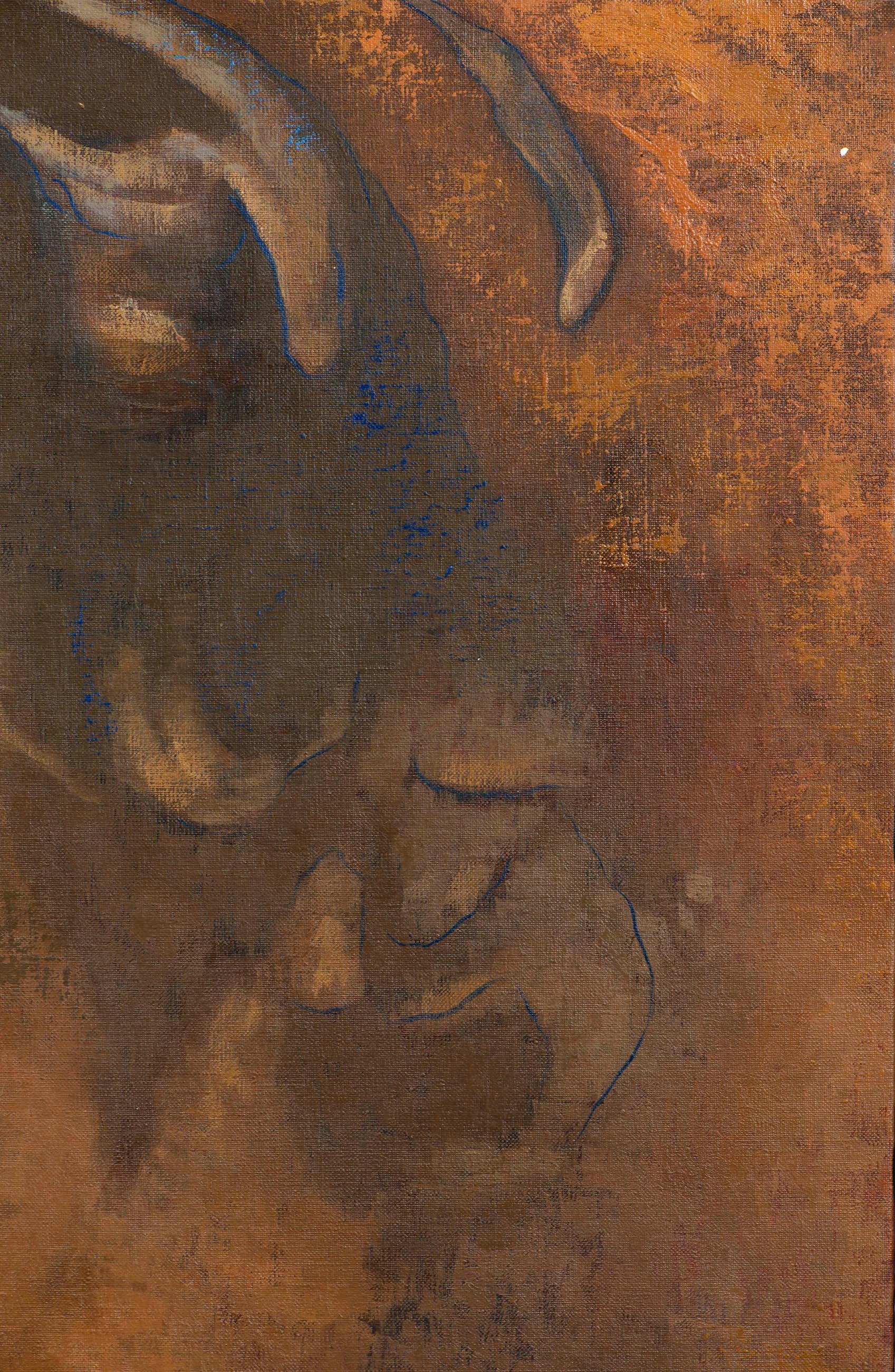 Il dipinto a olio Rostro nº3 si distingue per il suo particolare trattamento, in cui l'artista ha utilizzato tecniche per modificare il colore e le texture originali della scultura, portandole su un terreno più personalizzato. I toni predominanti