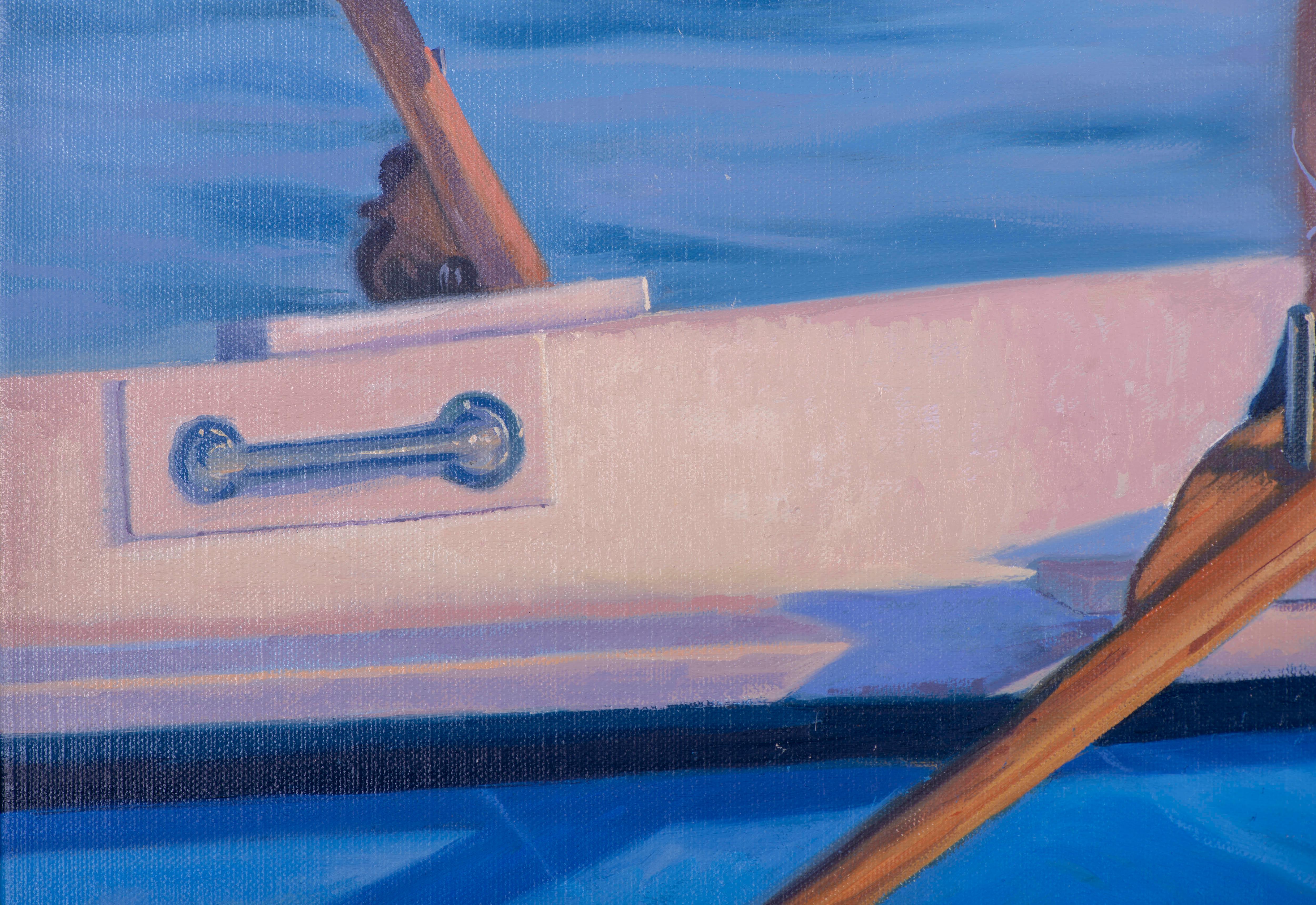 Girl in a boat - Blue Figurative Painting by Juan Álvarez Cebrián