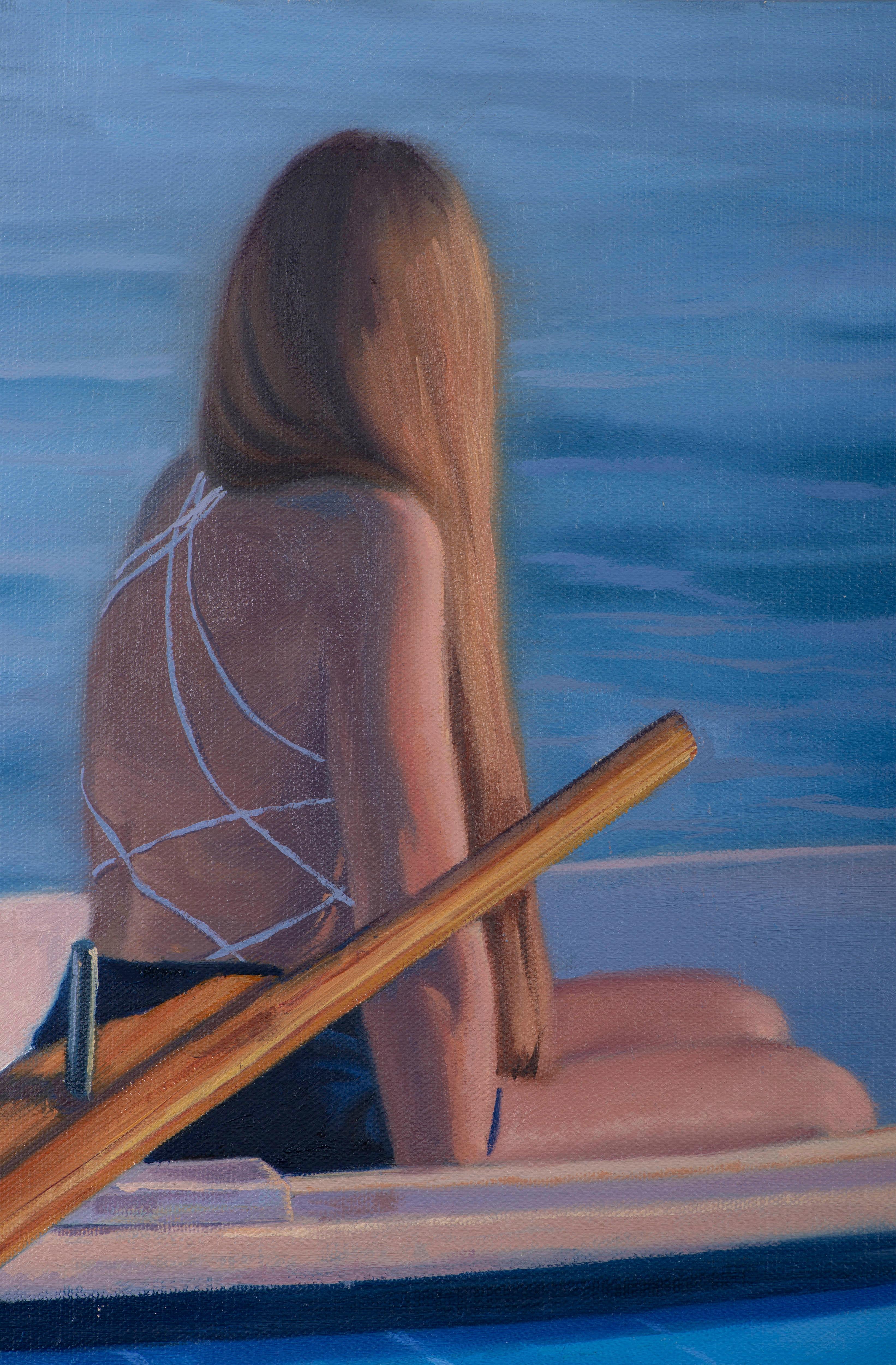 This painting presents a young woman in a boat, motionless in the middle of a lake at sunset. The figure, seen in a three-quarter view, shows her almost bare back, with a white blouse tied with delicate ribbons. Her blonde hair falls over one