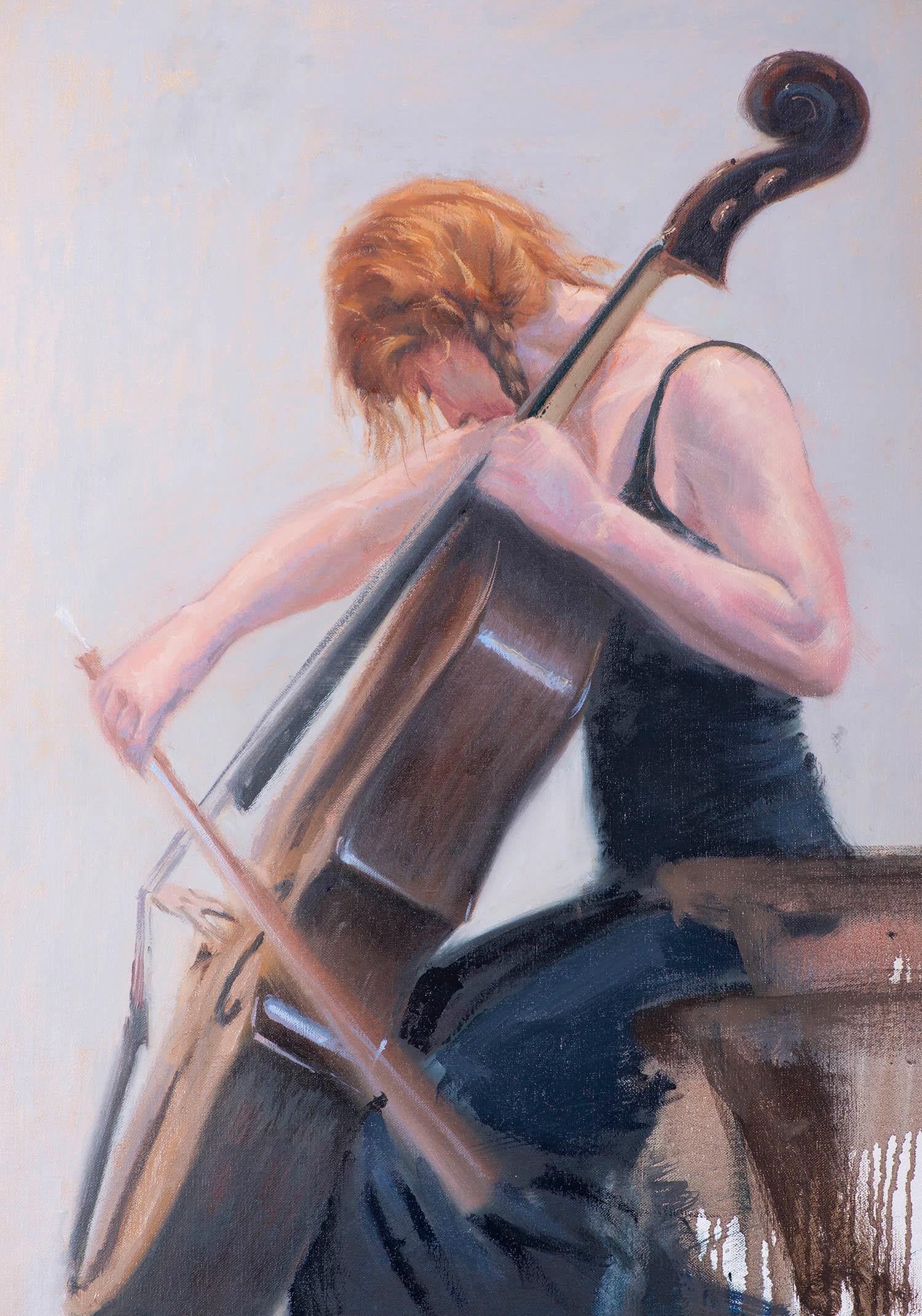 Ragazza al violoncello - Portrait Painting Grigio di Juan Álvarez Cebrián