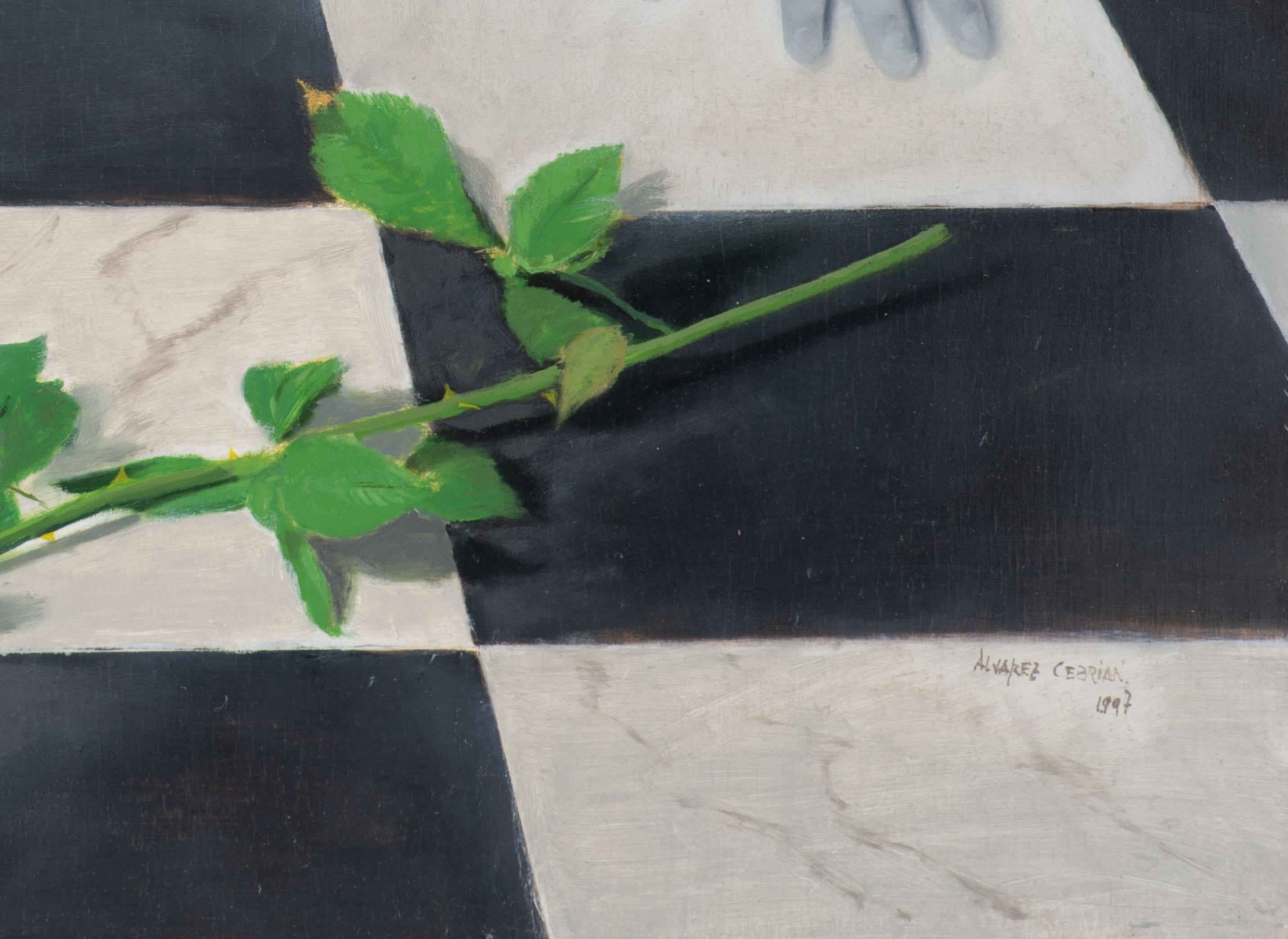 Mädchen mit Rose – Painting von Juan Álvarez Cebrián