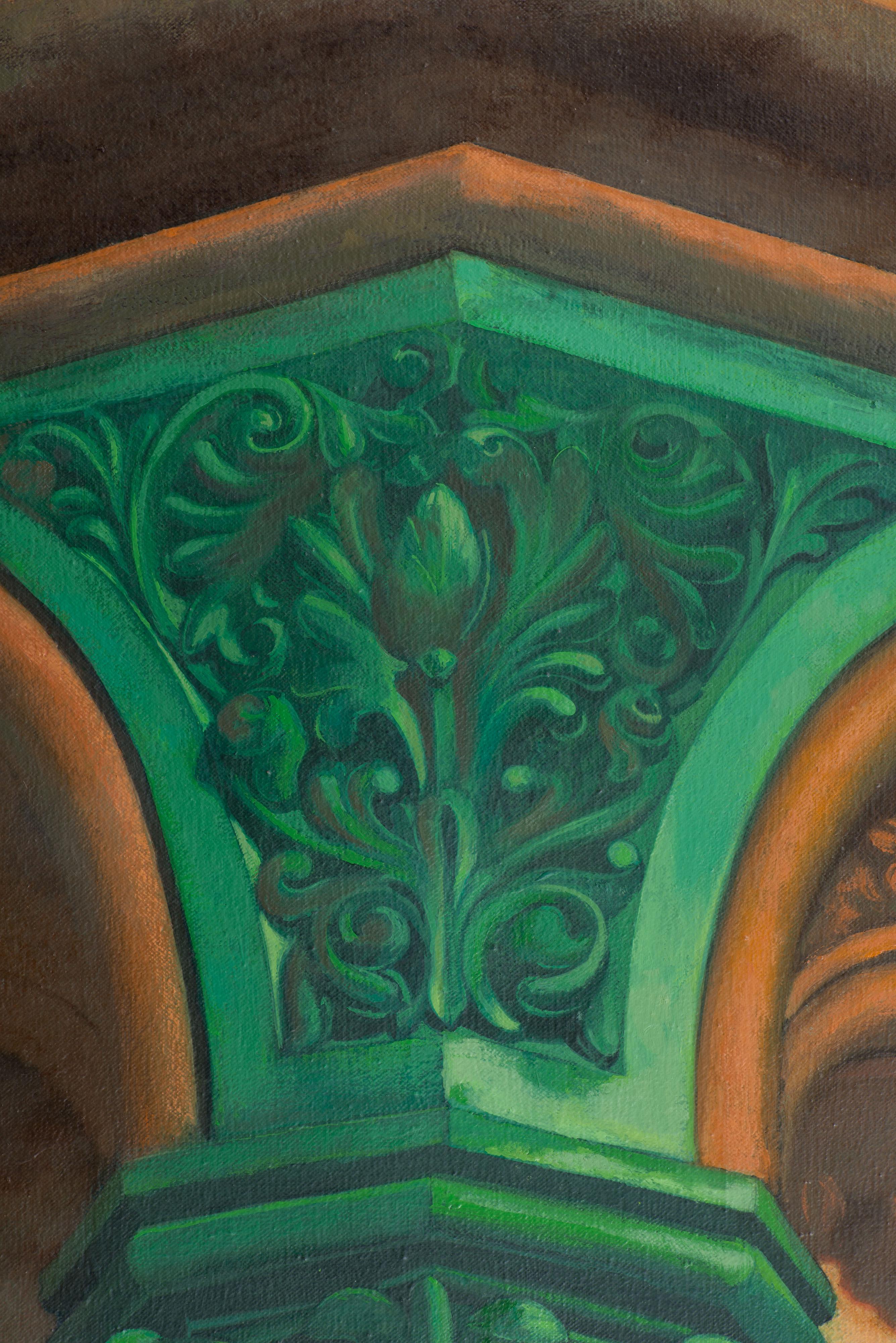 Das Werk Green Chapitel erforscht die Beziehung zwischen Architektur und Farbe und hebt ein architektonisches Fragment hervor: die Säule und das Kapitell. Das Werk verwendet in diesem Fall eine grüne Farbgebung vor einem Hintergrund aus leuchtenden