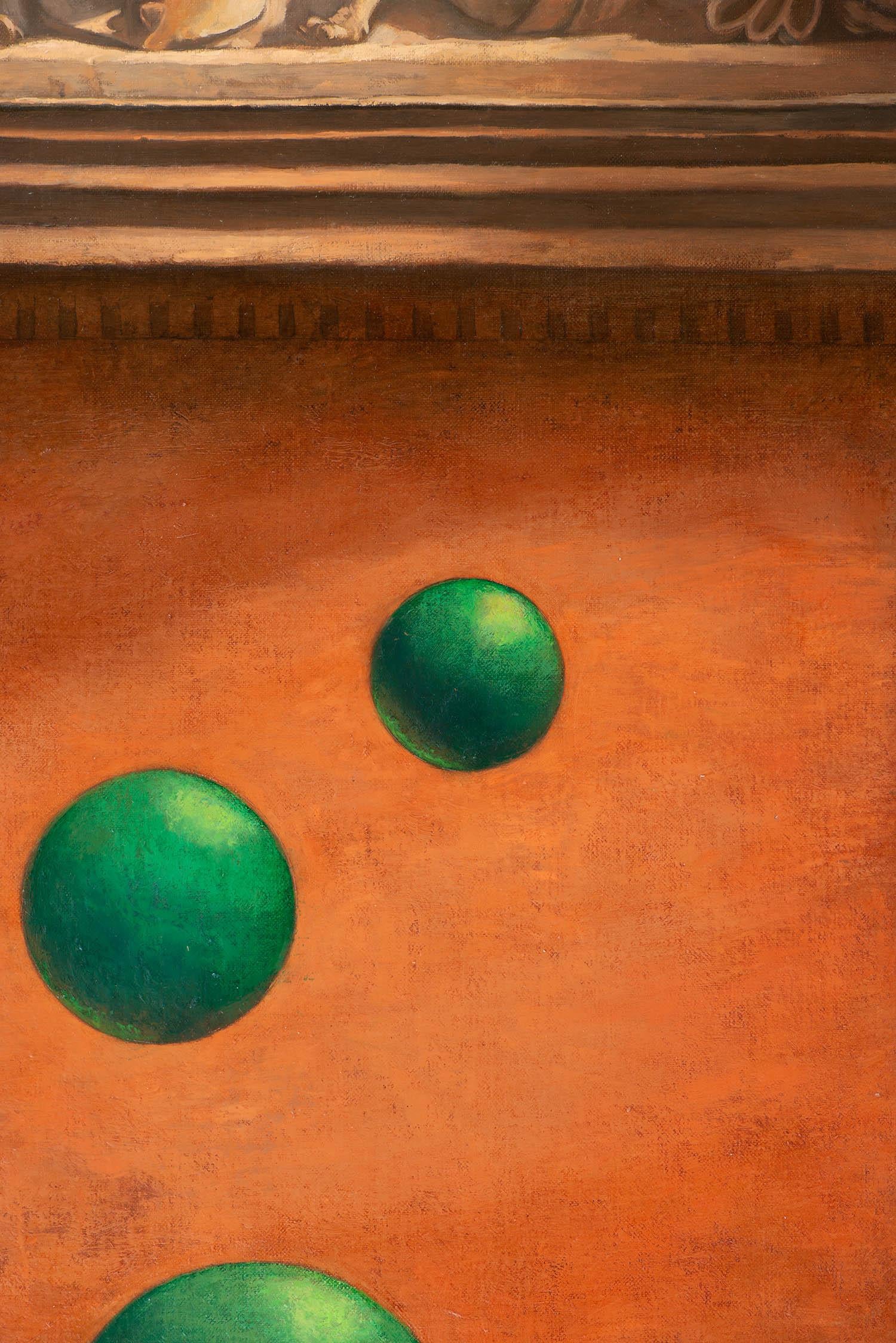 Green spheres - Surrealist Painting by Juan Álvarez Cebrián