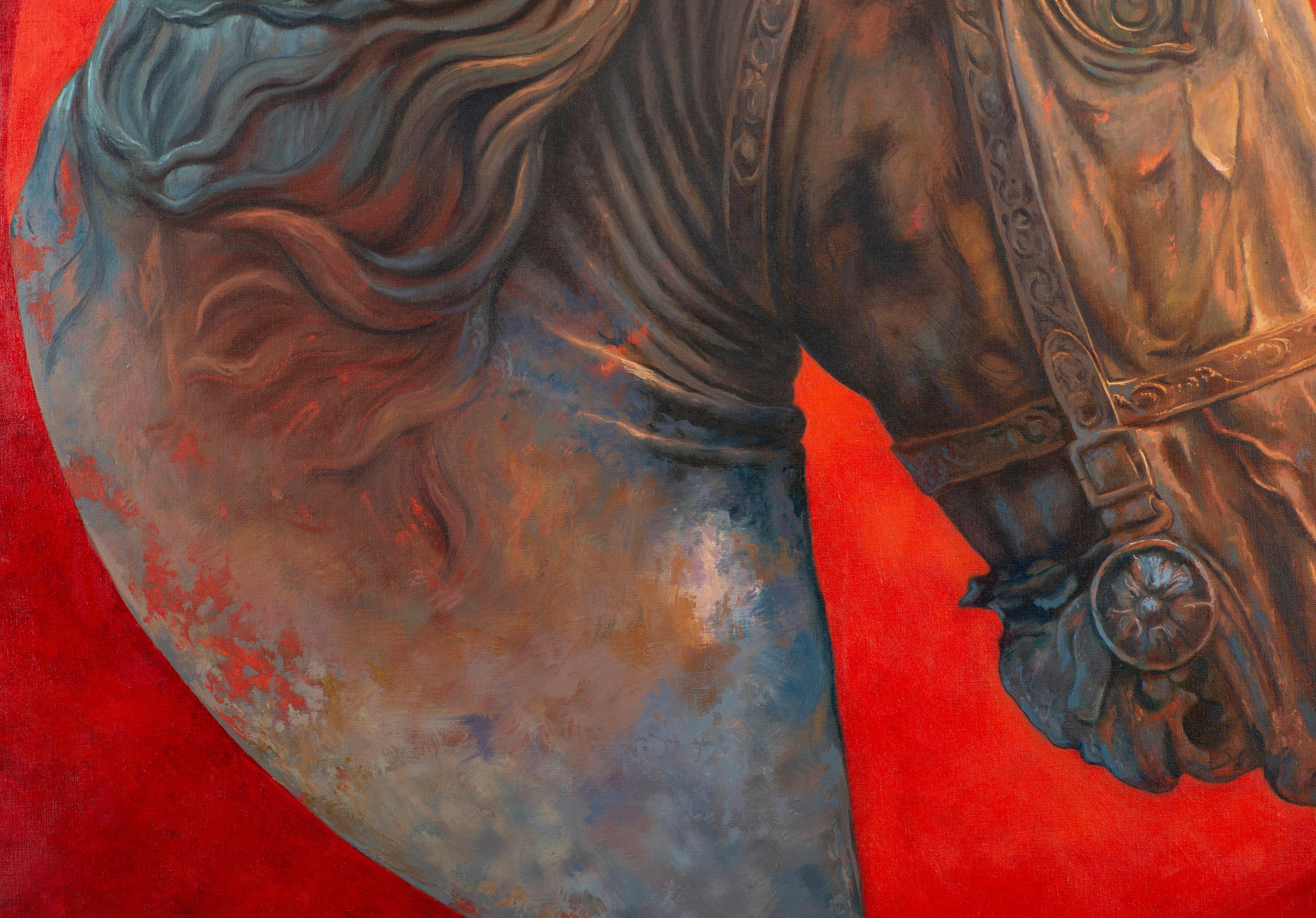 Horse Head
The majestic profile of a horse, inspired by a Madrid sculpture, takes center stage in this work. A warm circle, almost like a luminous medallion, frames the powerful presence of the animal. The red background, worked with delicate