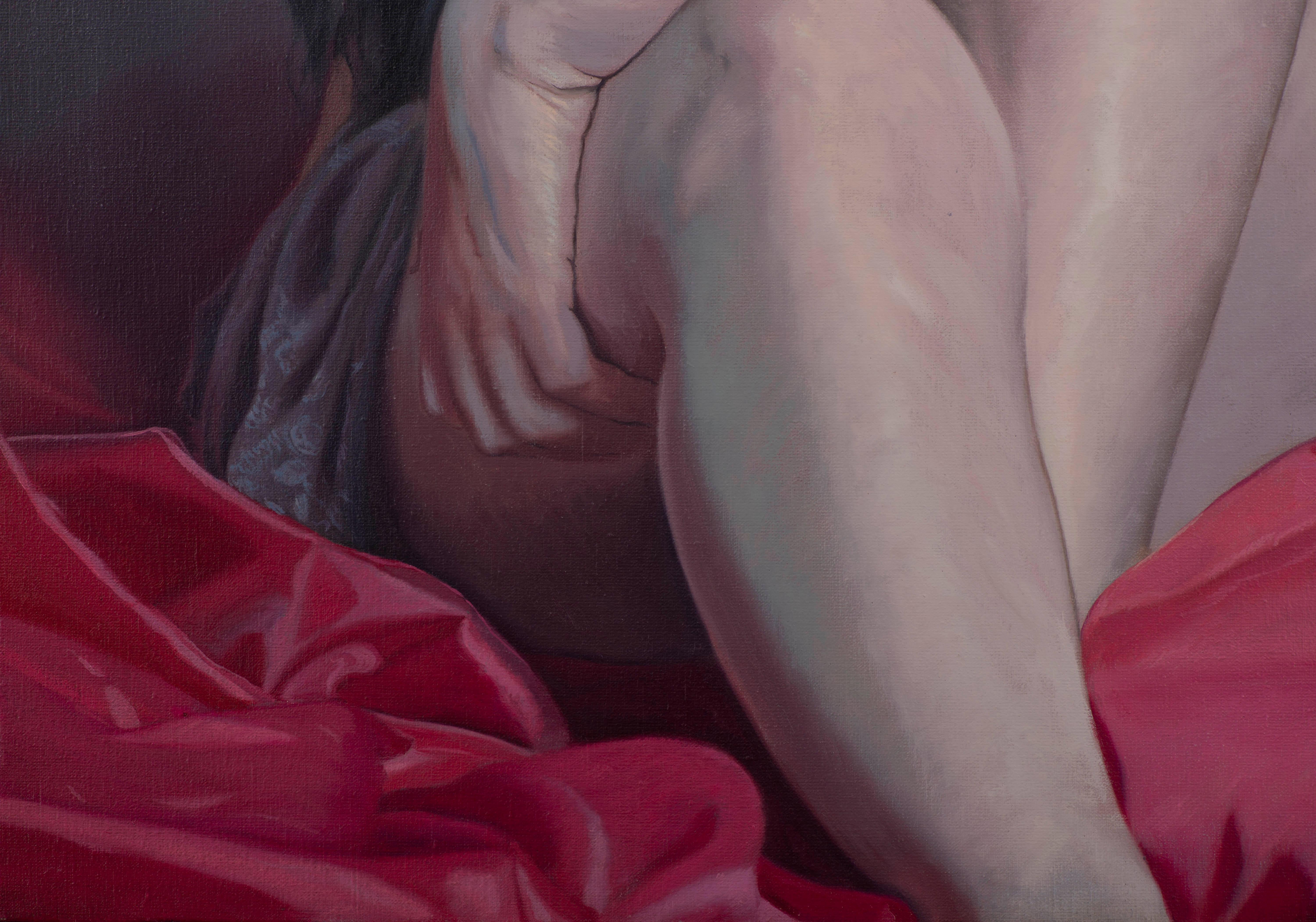 Dieses Werk fängt die Essenz der weiblichen Intimität ein. Intimo II zeigt das Fragment einer sitzenden Frau, die in ein Tuch gehüllt ist, das ihren Oberkörper zart bedeckt. Das Werk hat eine Frontalperspektive, wobei der Kopf des Modells nicht zu