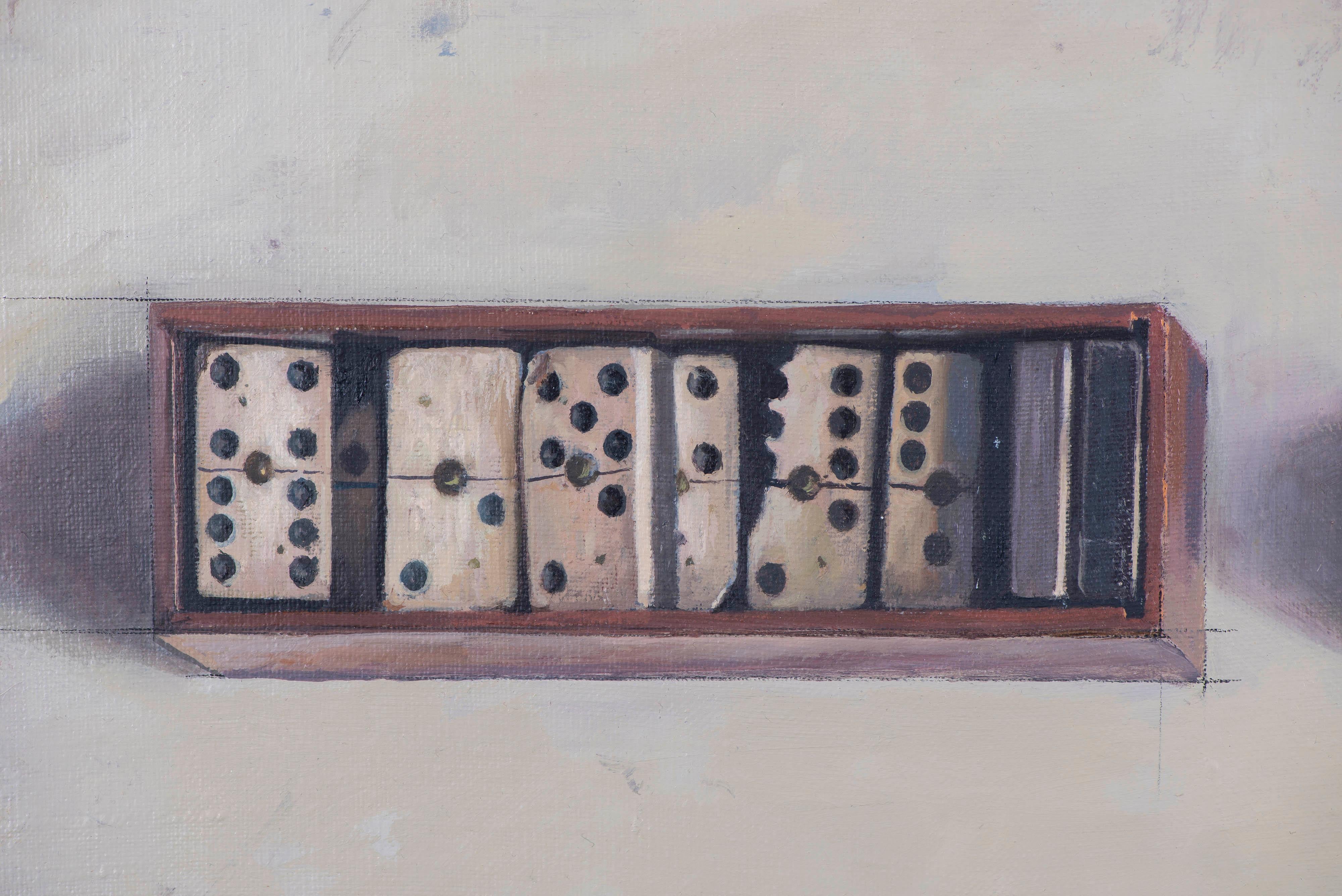 Objects of different uses are used in this Linear Composition. A soft, serene composition, but giving each object its individual importance.  Even though it is a composition with elements in a visually linear position, the painter breaks this