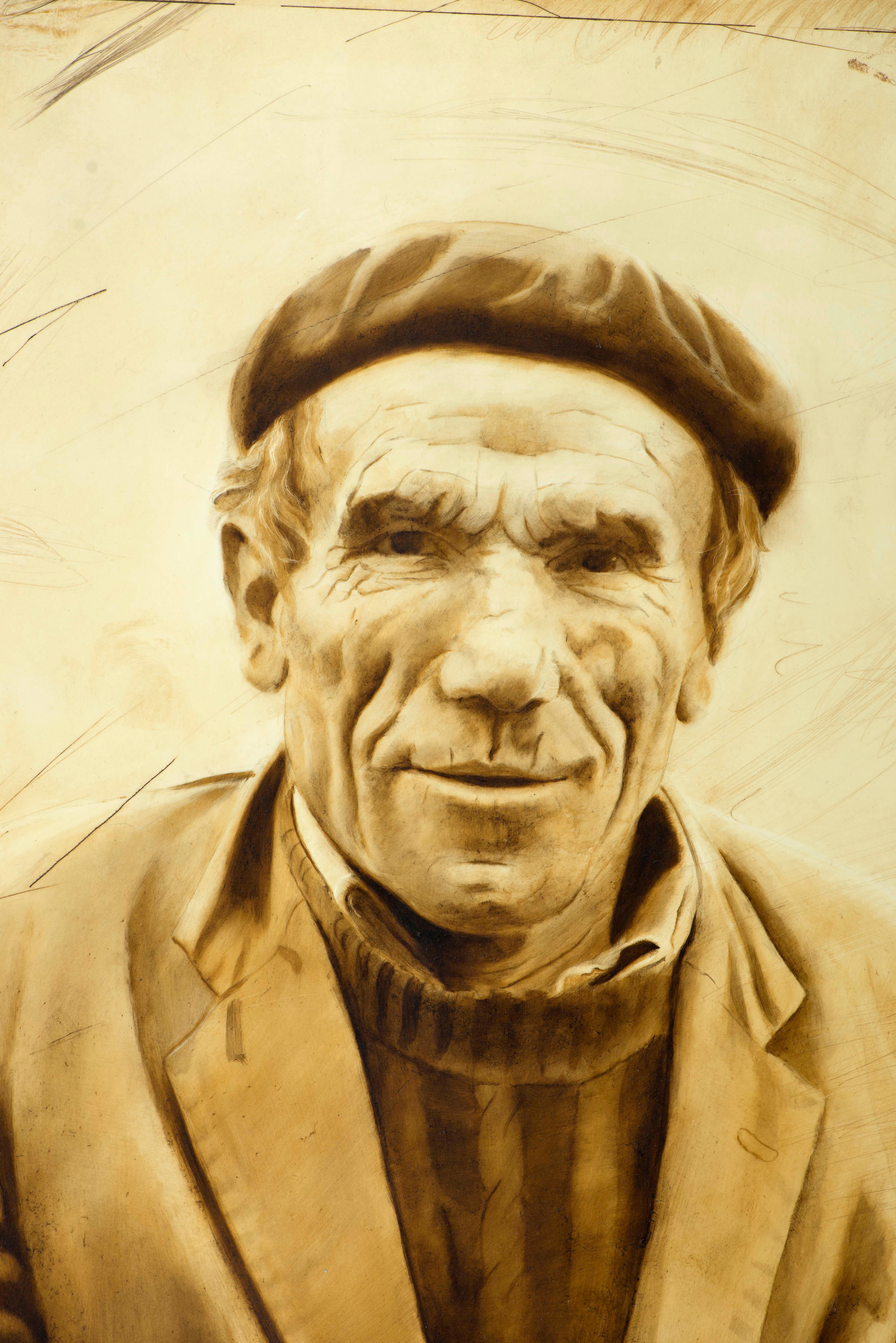 In questo dipinto, l'artista cattura l'essenza di un uomo che sembra emergere dalla stessa terra che coltiva. Il ritratto raffigura un uomo di montagna la cui vita è stata plasmata dal lavoro nei campi e dalla vita in armonia con la Nature. La sua
