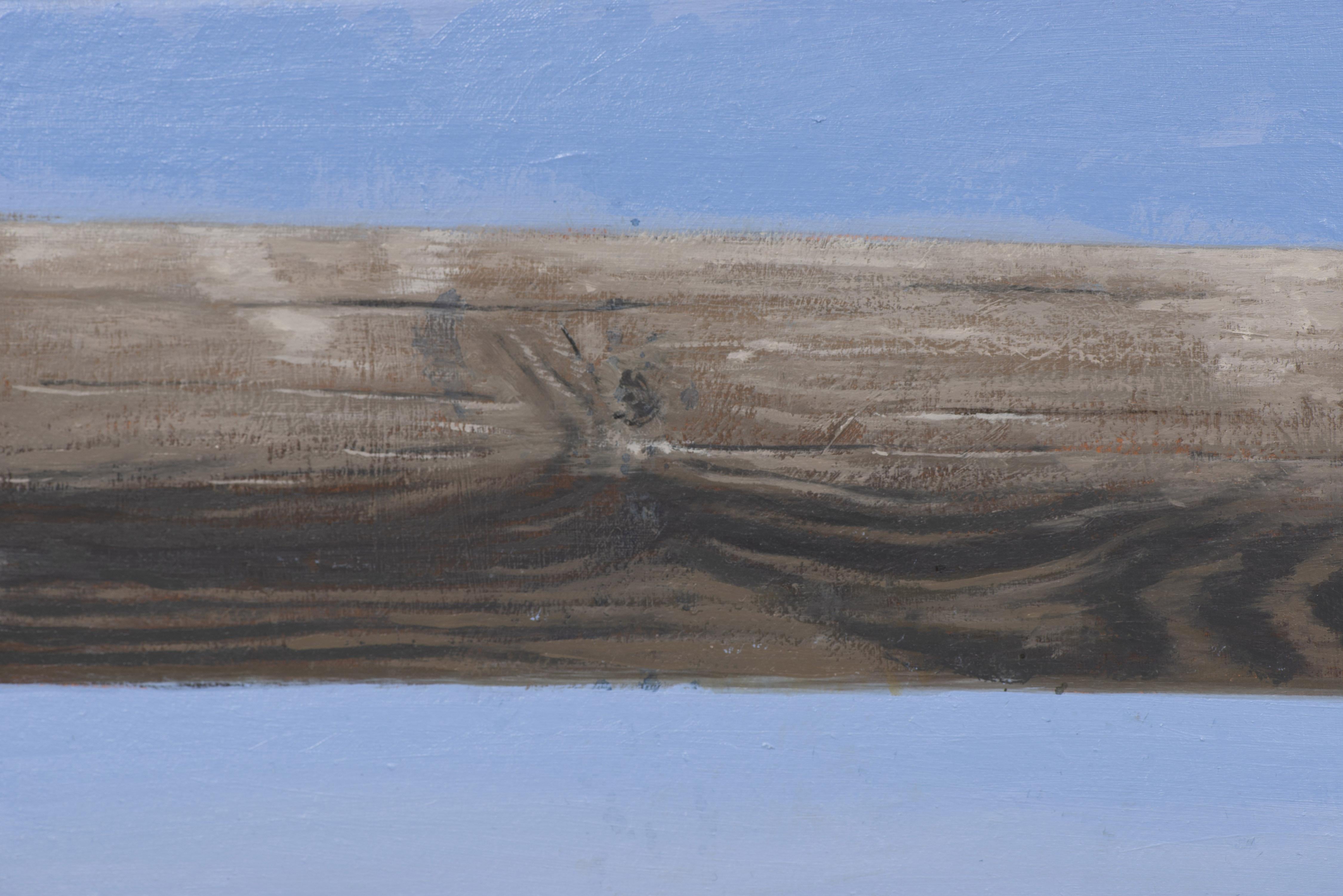 The canvas unfolds before us like an open window to the cliffs of Mataleñas in Santander. In the foreground, two padlocks hang from a metallic thread, united as a tangible symbol of the unbreakable bond between two souls. Above them, a portion of