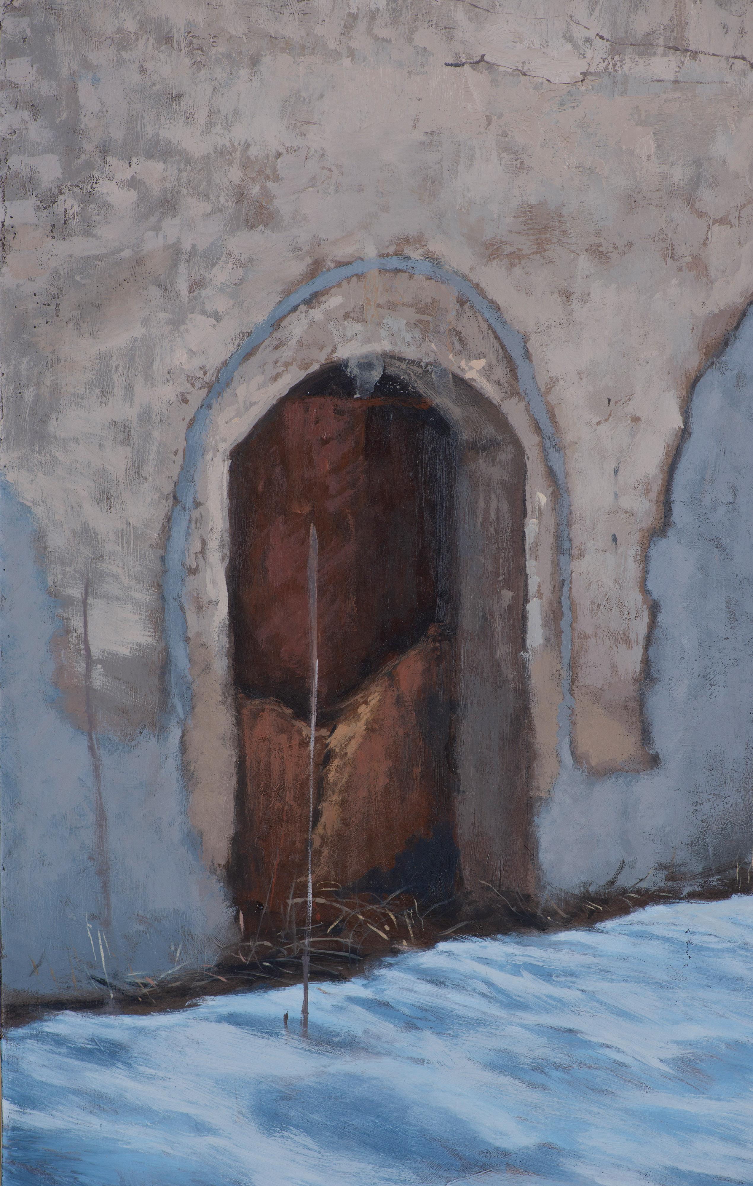 Alte, verfallene Häuser, die von einer Schneedecke bedeckt sind, stehen als Überbleibsel vergangener Tage. Im Vordergrund erhebt sich eine Mauer mit einem Fenster und zwei Öffnungen, von denen eine verschlossen ist, als Zeugnis einer verschwundenen