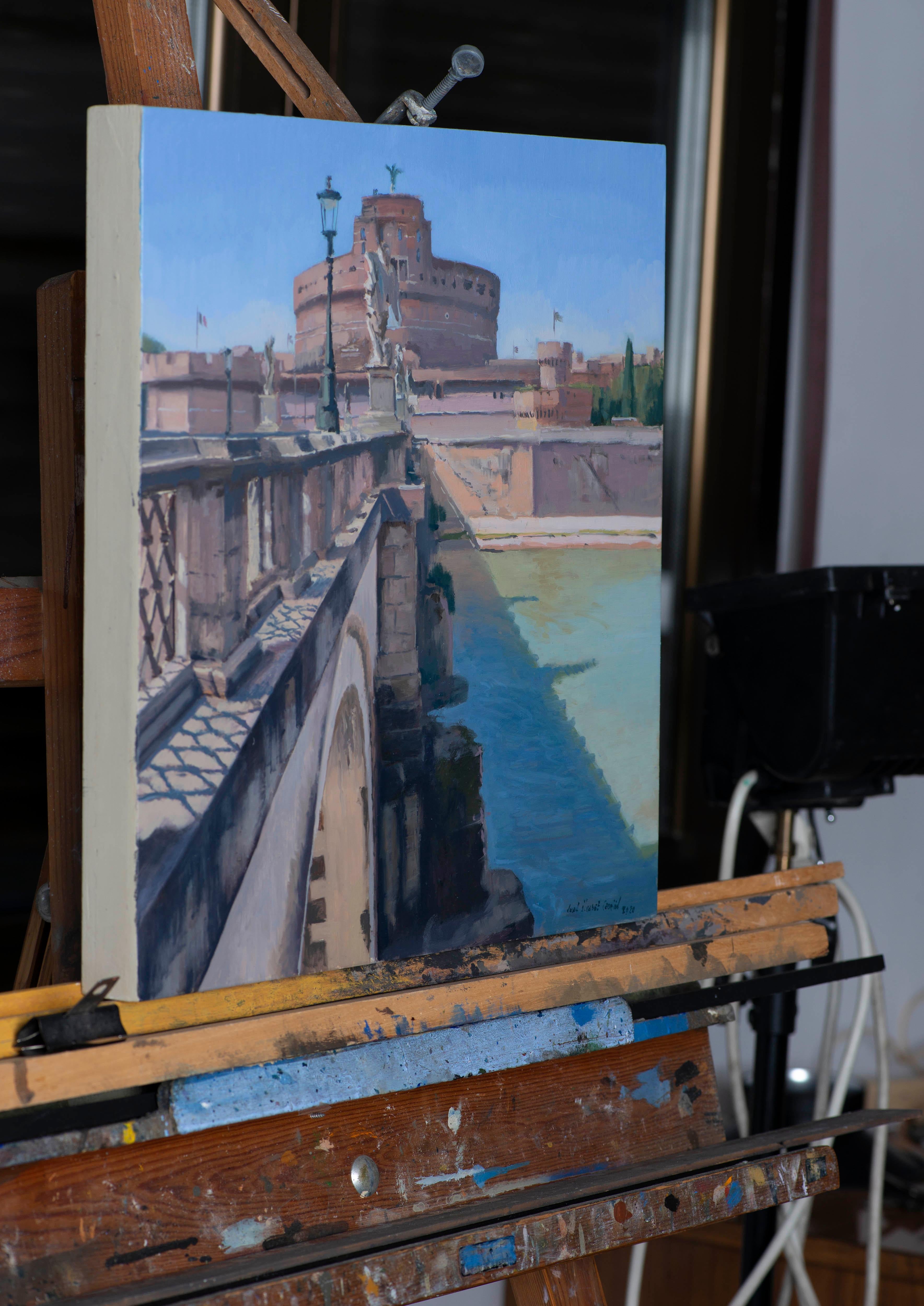 Castle II de San Angelo - Gris Landscape Painting par Juan Álvarez Cebrián