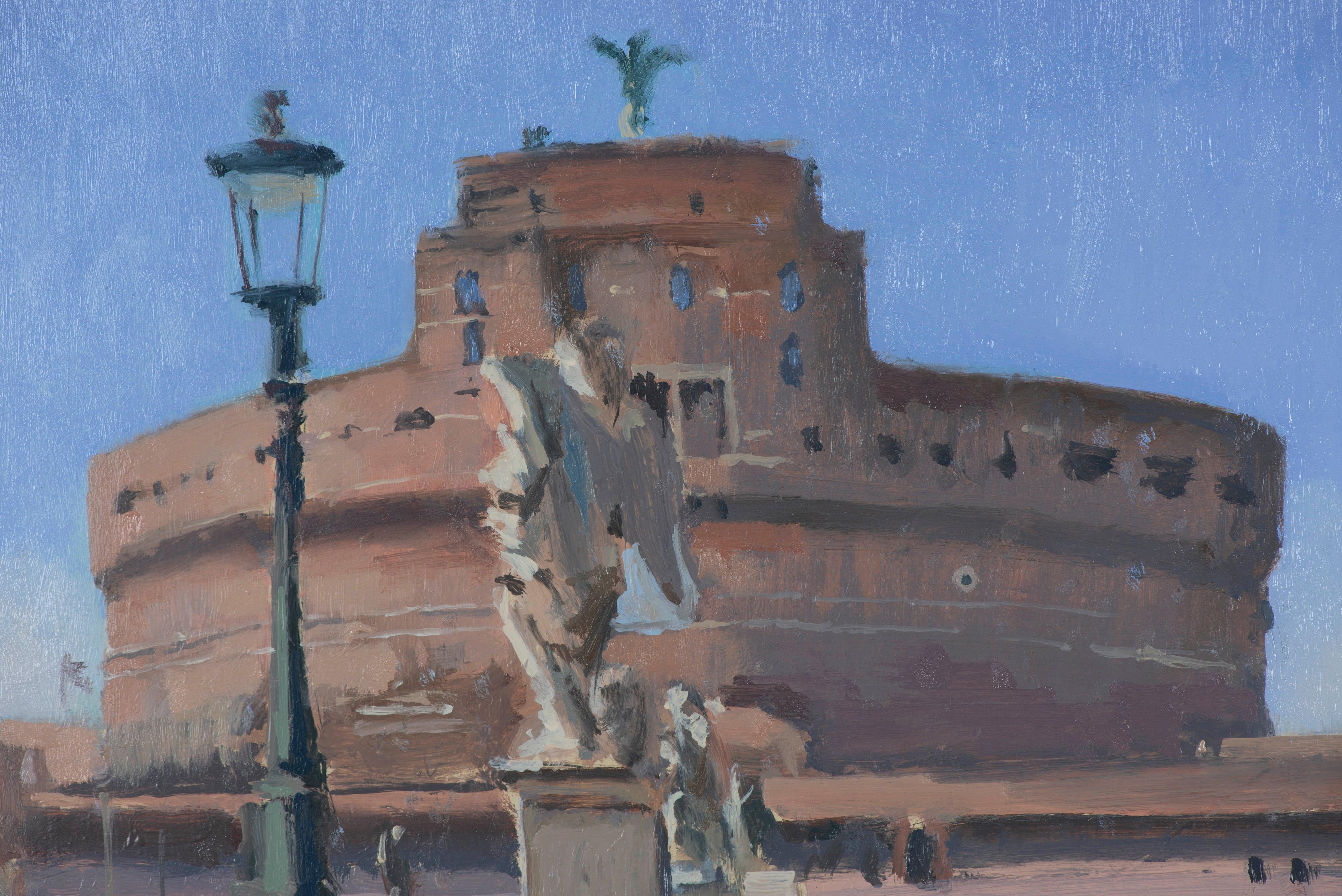 Cette peinture est une petite étude du paysage romain, mettant en évidence le pont sur le Tibre et l'emblématique château Sant'Angelo. À droite, la tour du château se dresse majestueusement, tandis que les lignes de perspective du pont guident le