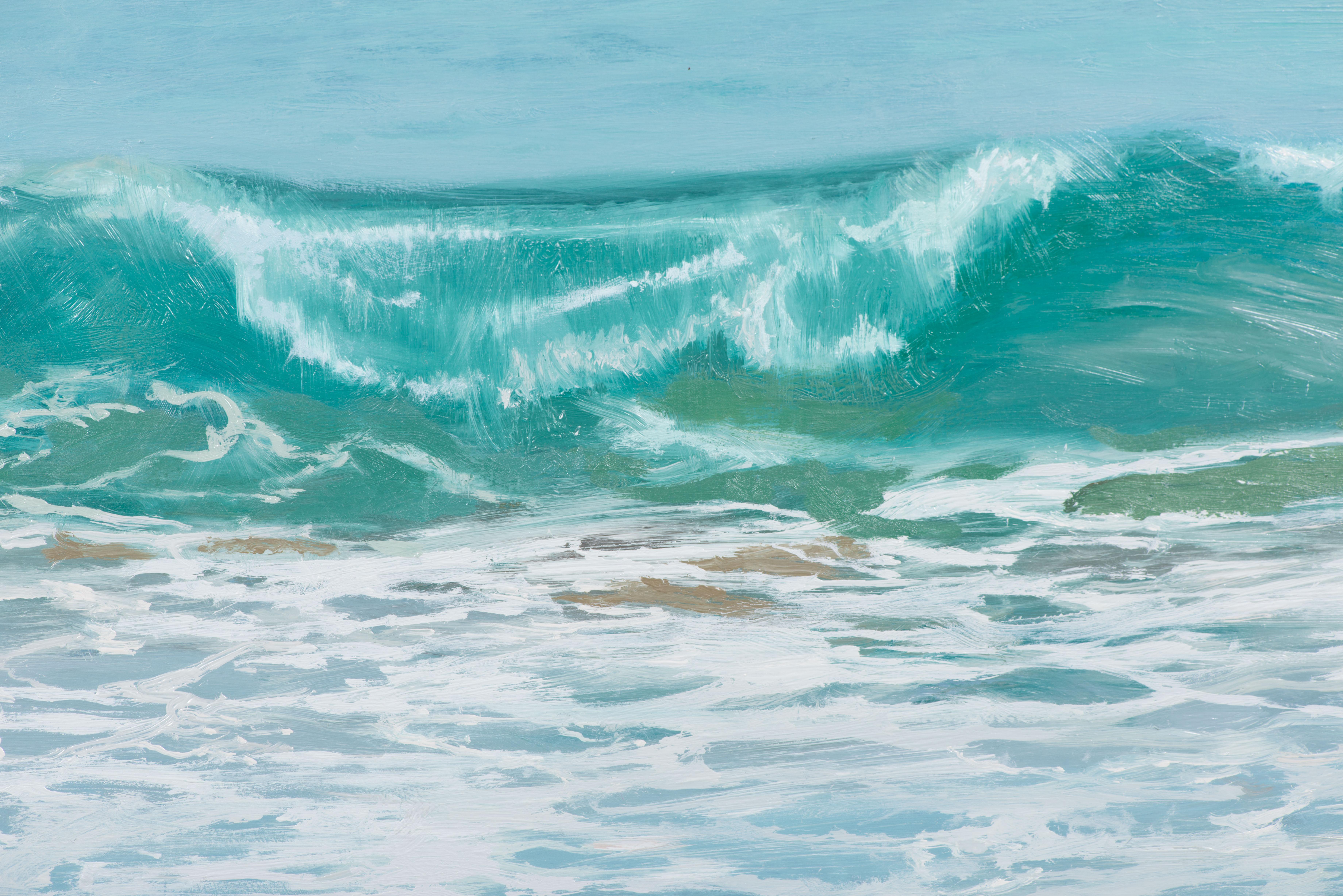 The Shore, a small format painting that invites contemplation and reflection. In this oil on panel, the sea emerges as the undisputed protagonist, displaying its powerful presence and its multiple shades. The sea, that perpetual mystery that