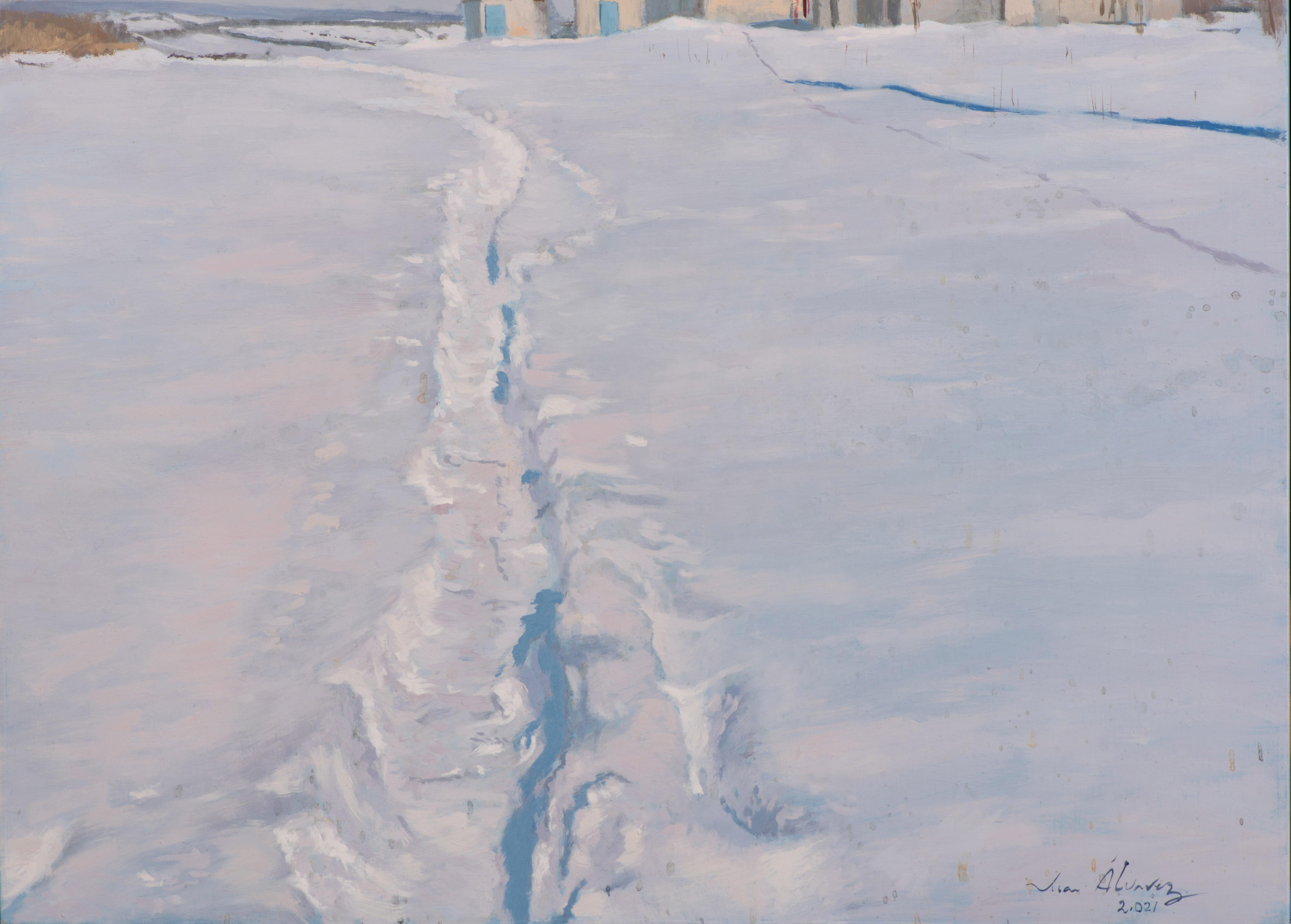 Snow in the Deposits II - Brown Landscape Painting by Juan Álvarez Cebrián