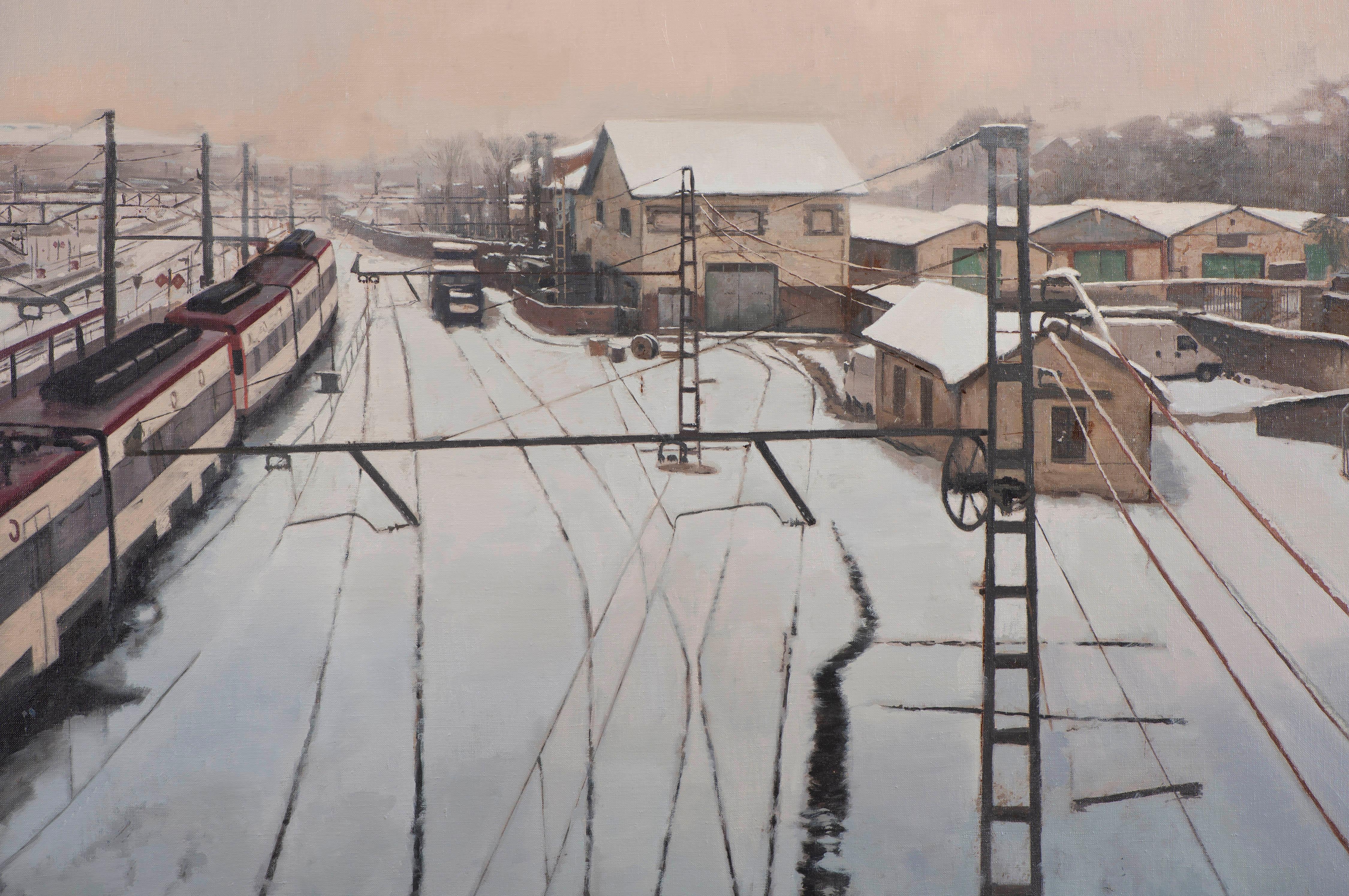 Snowy season - Gray Landscape Painting by Juan Álvarez Cebrián