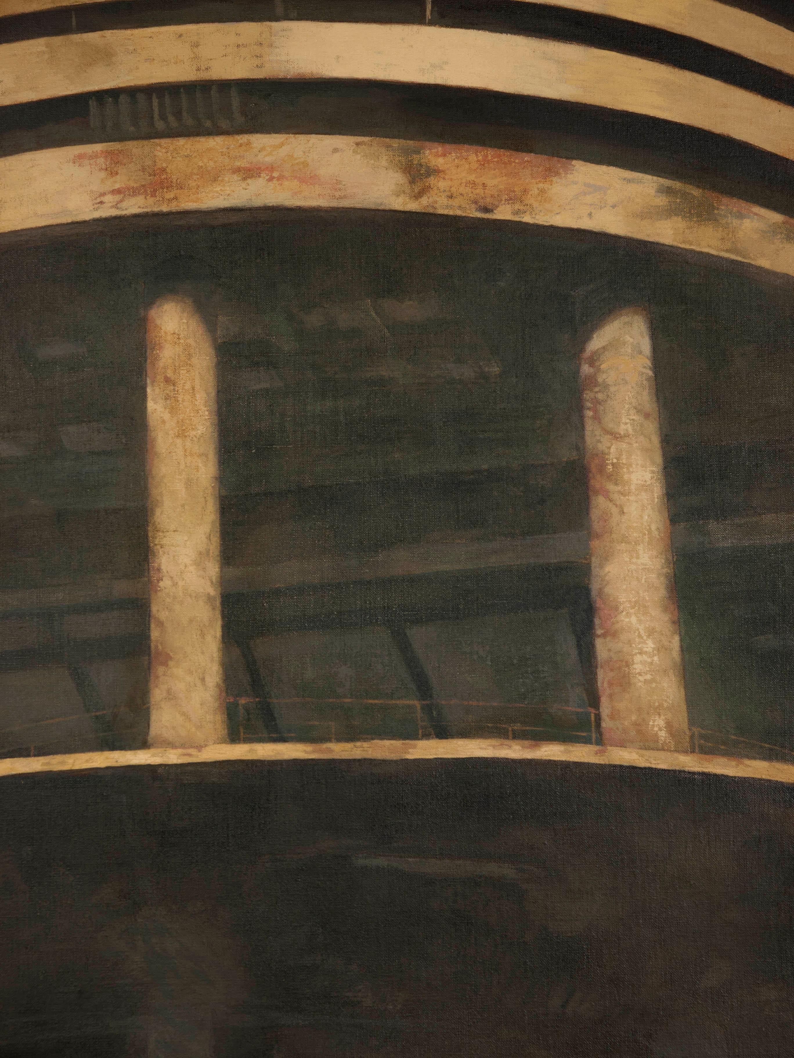 This large-scale painting presents an architectural interpretation of a football stadium tower, specifically from Real Madrid. The square composition focuses on a fragment that often goes unnoticed: the spiral access ramp that ascends, guiding the
