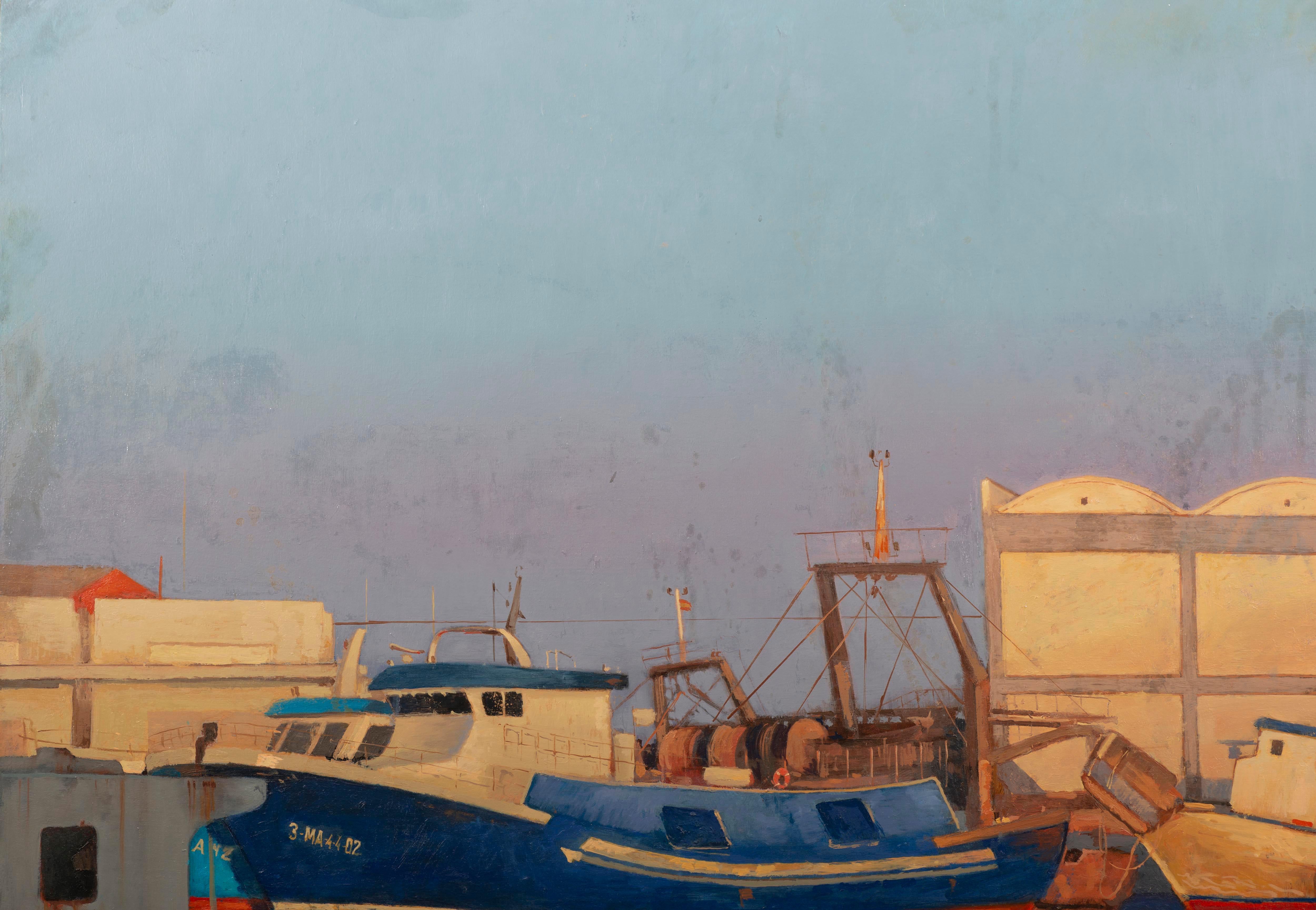 Sunset dans un port - Painting de Juan Álvarez Cebrián