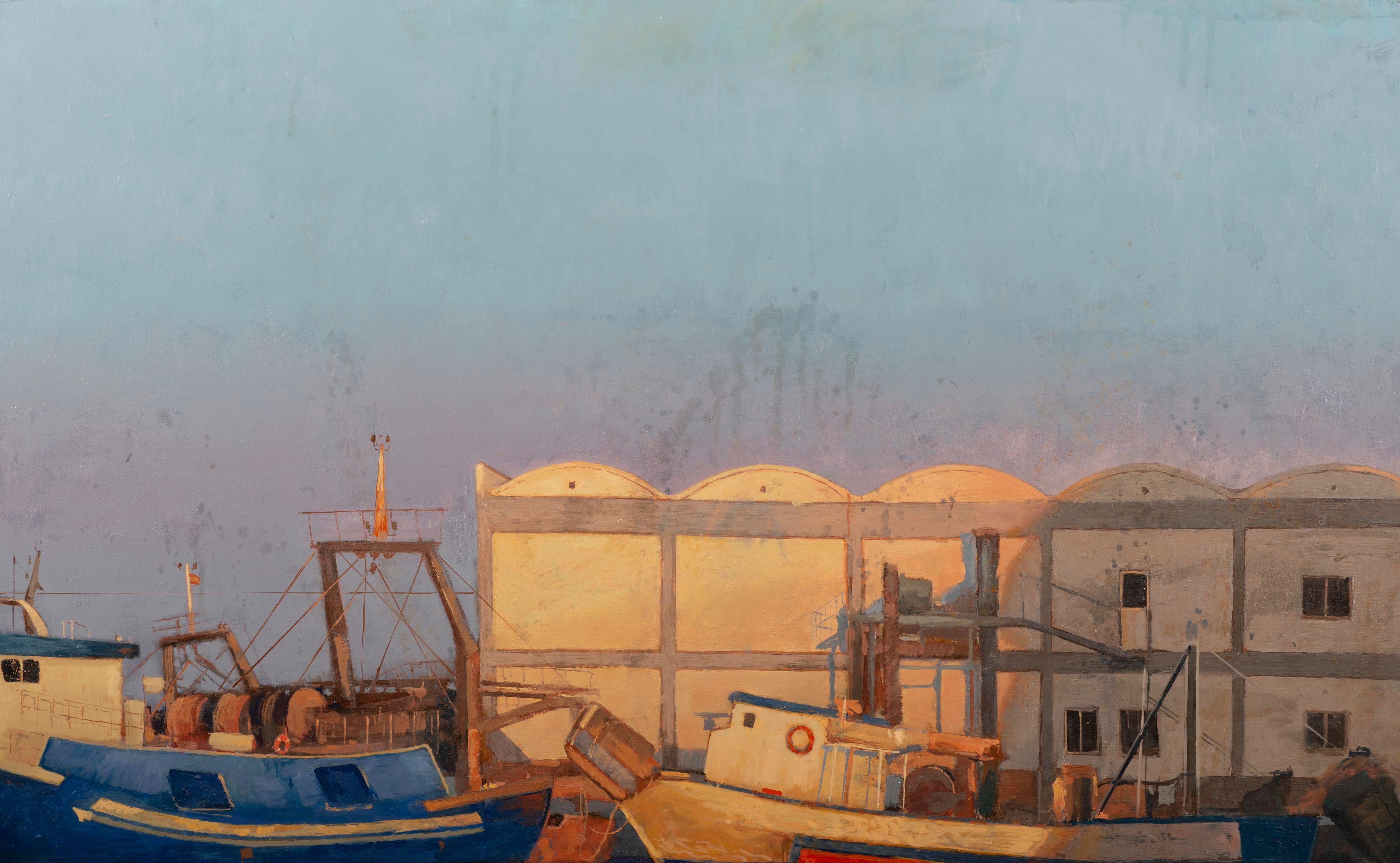 Sunset dans un port - Réalisme Painting par Juan Álvarez Cebrián