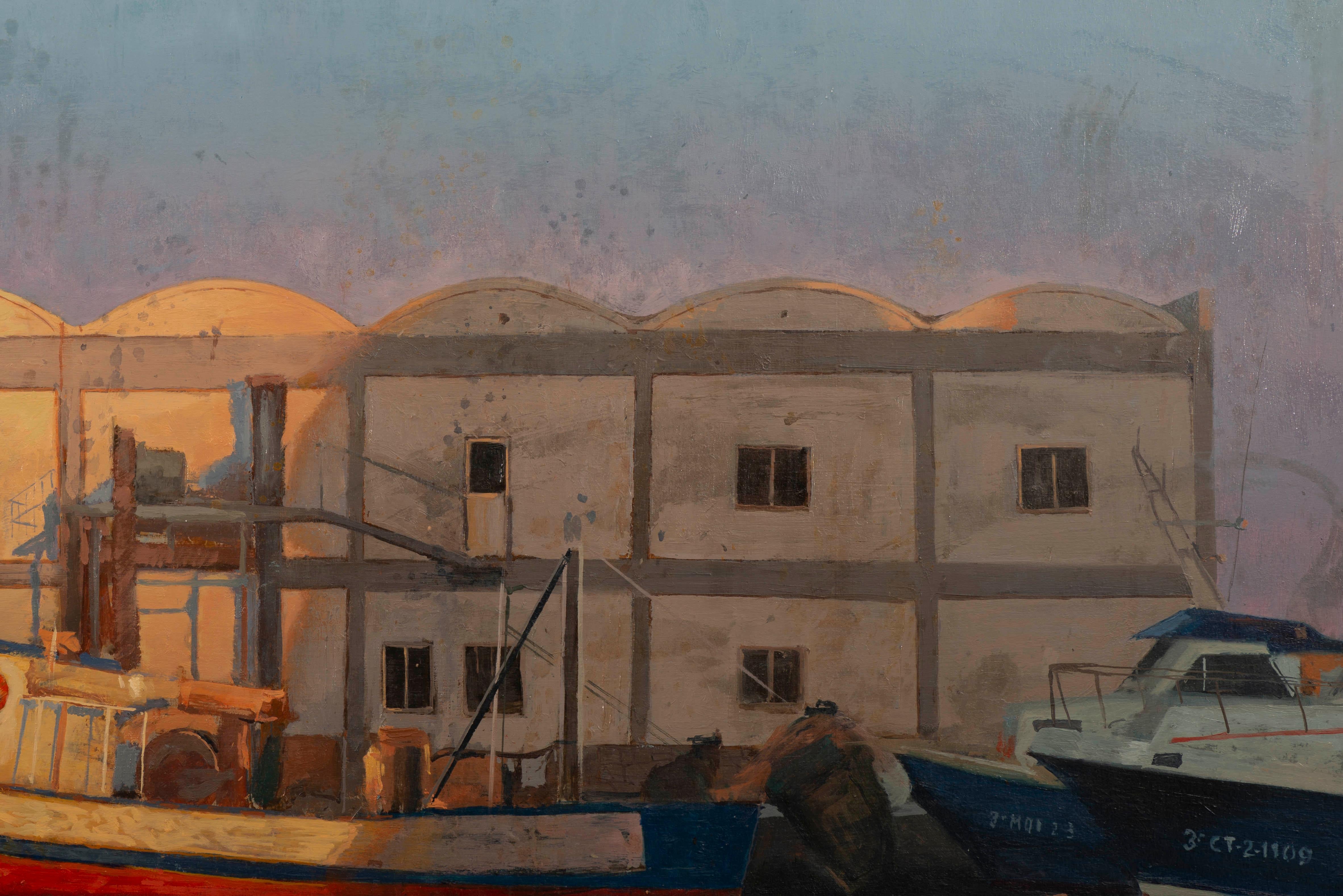 Sunset dans un port - Marron Landscape Painting par Juan Álvarez Cebrián