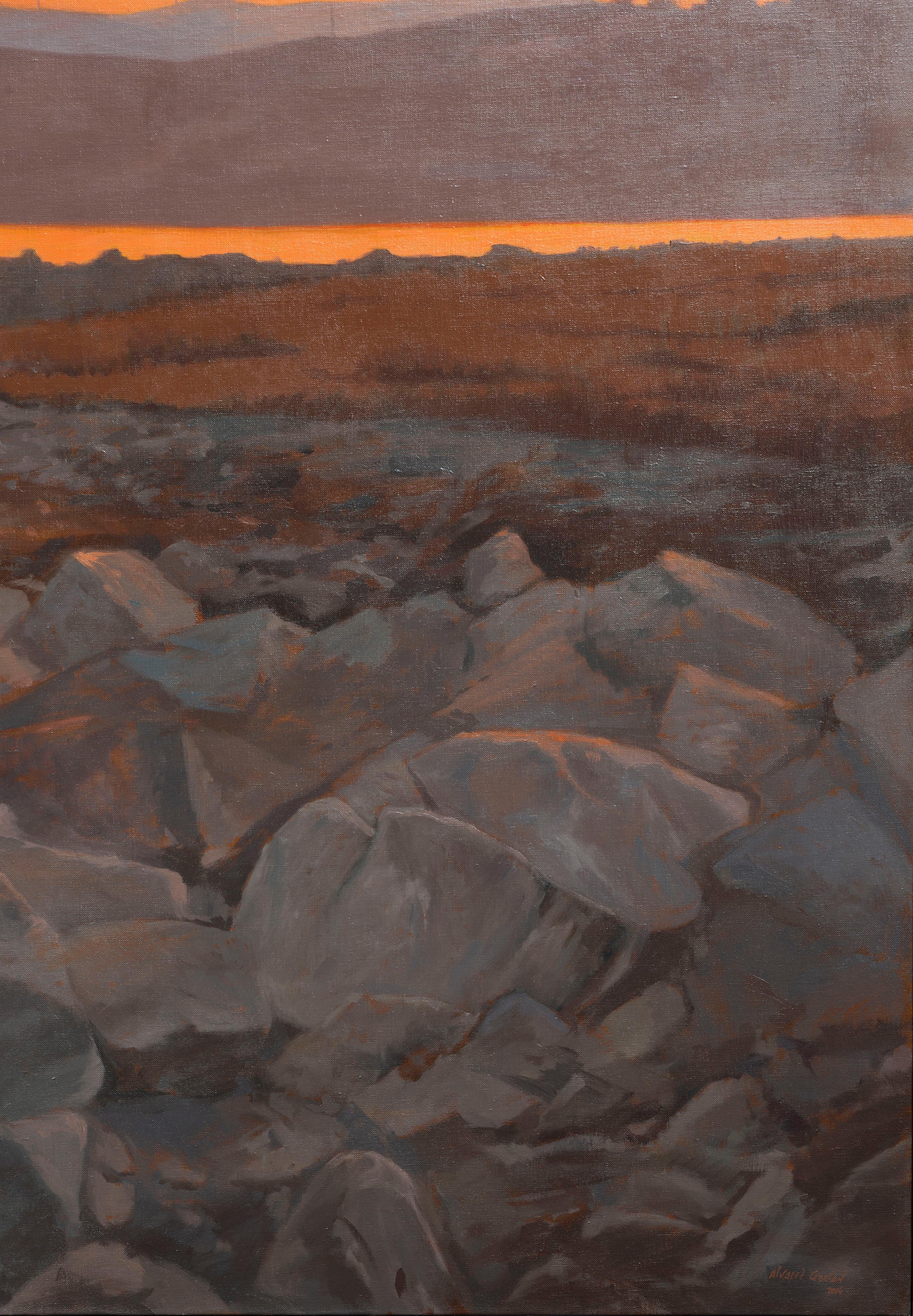 Sonnenuntergang auf dem Wellenbrecher. – Painting von Juan Álvarez Cebrián