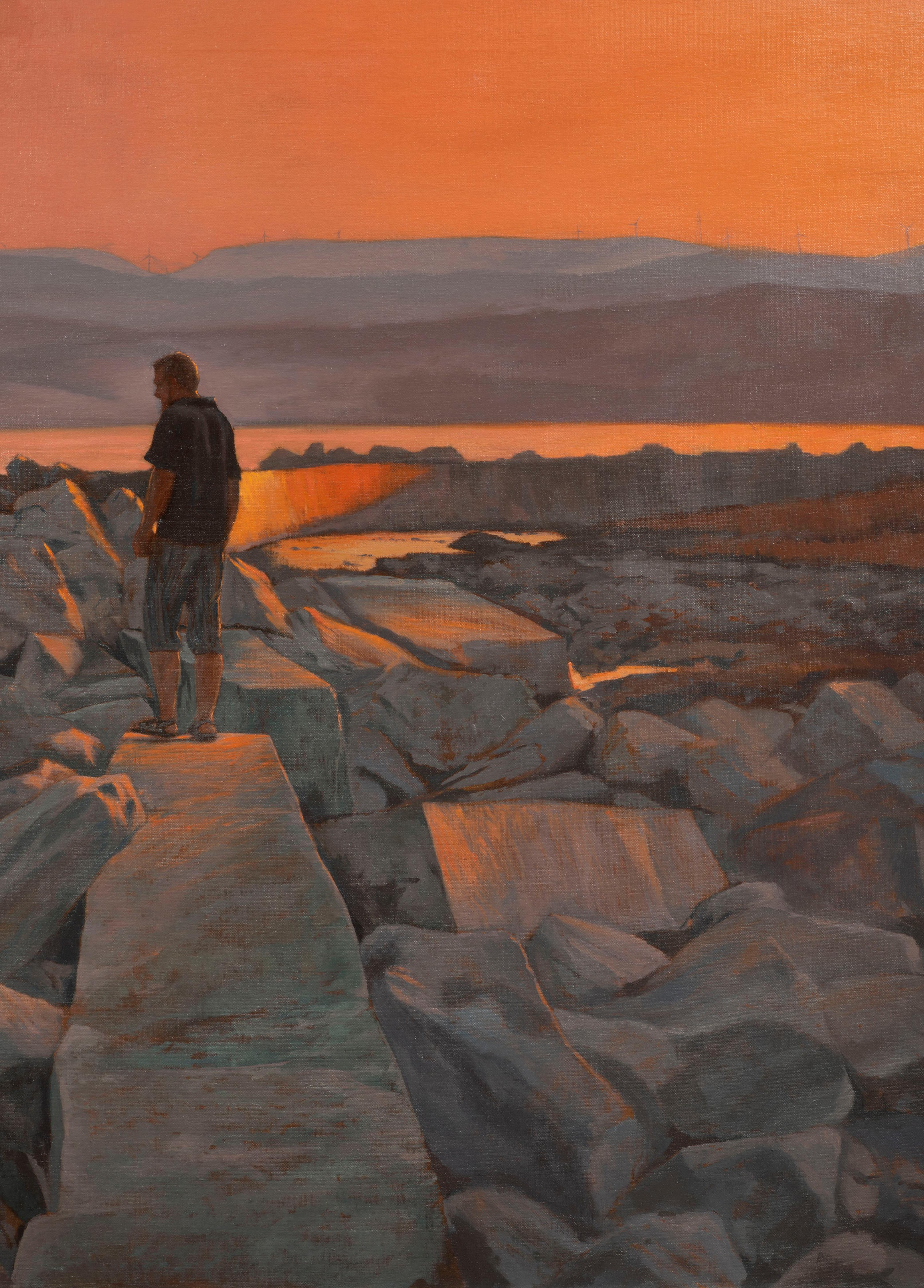 Sonnenuntergang auf dem Wellenbrecher. (Schwarz), Landscape Painting, von Juan Álvarez Cebrián