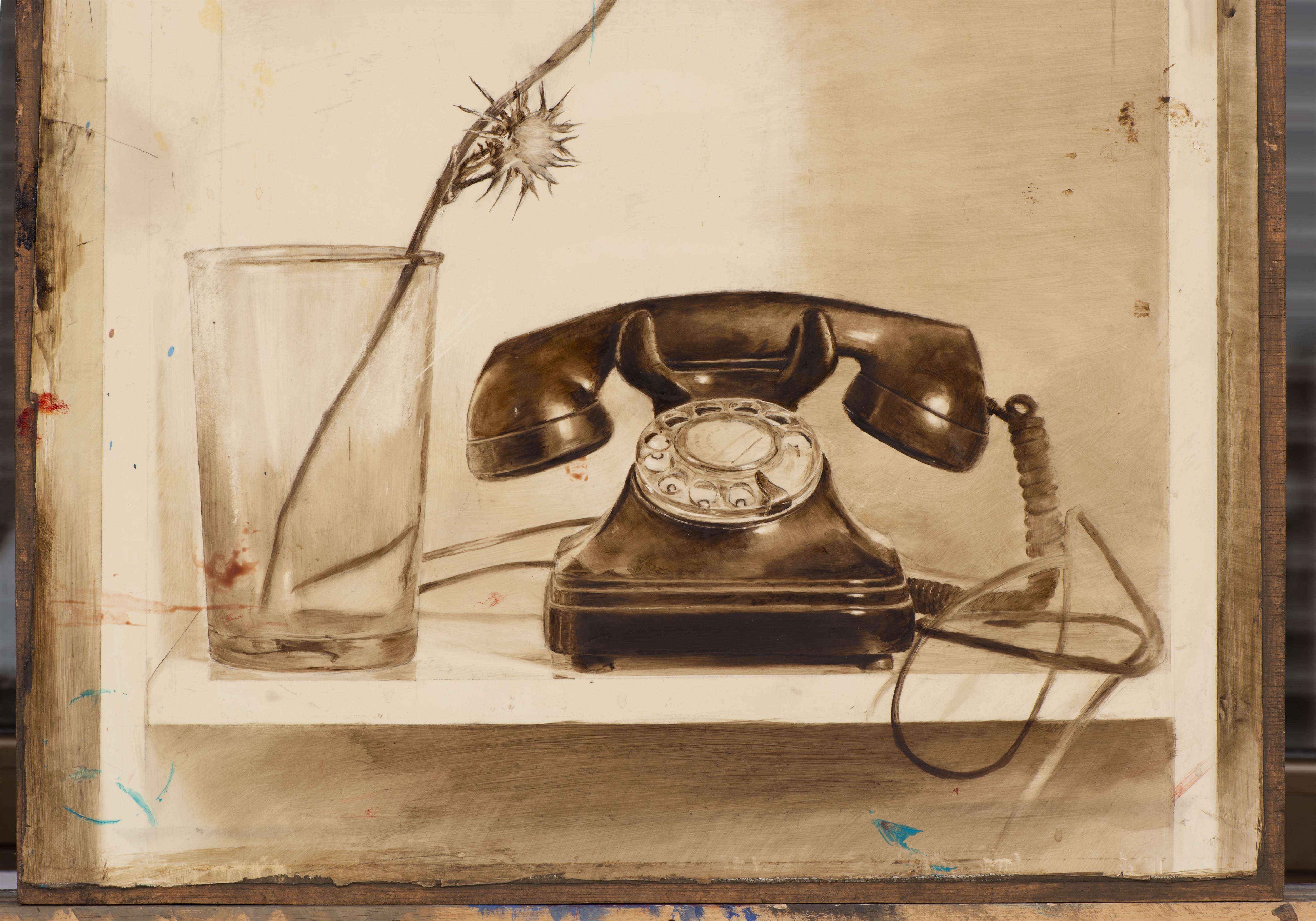 Telephone und Cardo-Geschirr (Fotorealismus), Painting, von Juan Álvarez Cebrián