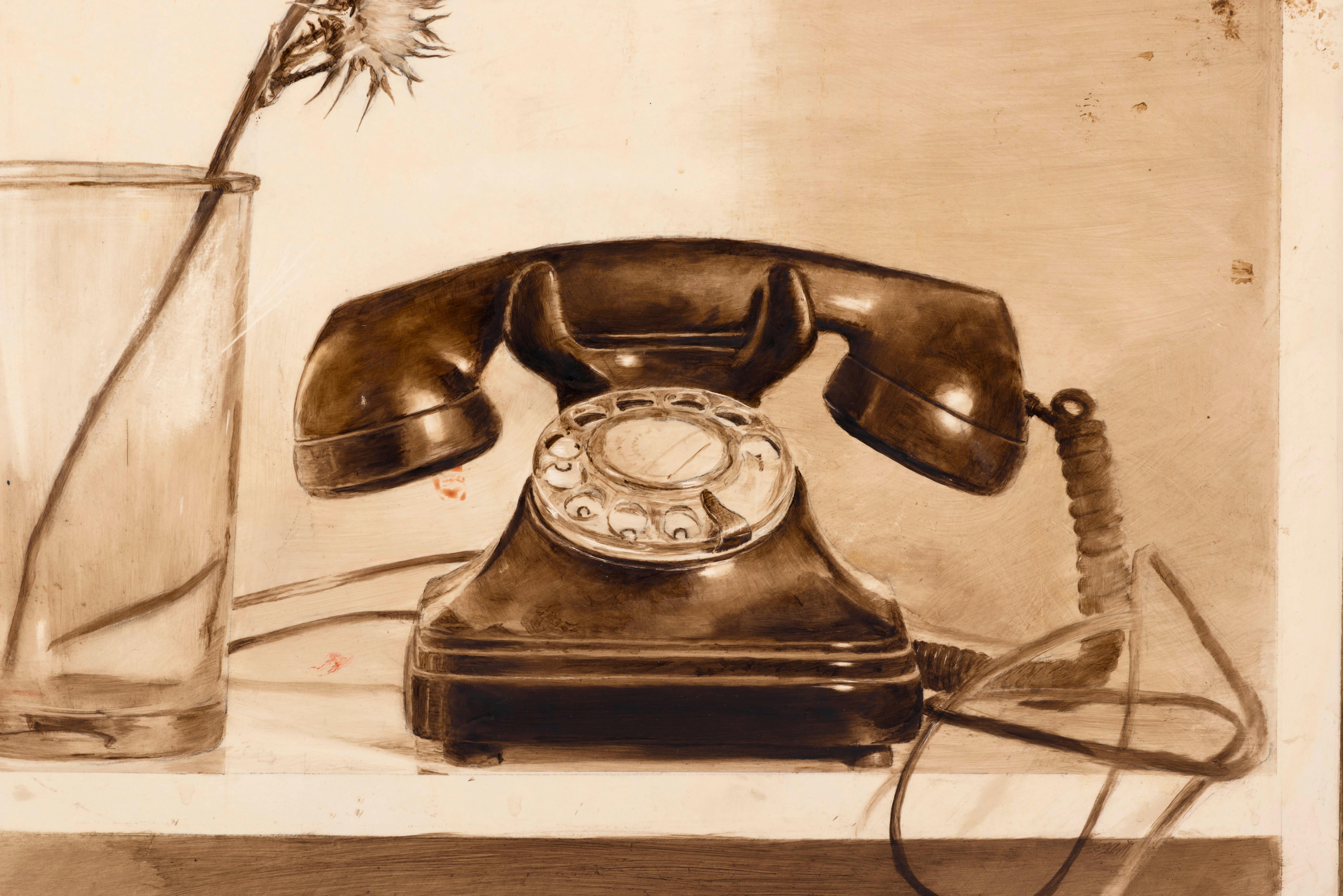 Telephone und Cardo-Geschirr (Beige), Still-Life Painting, von Juan Álvarez Cebrián