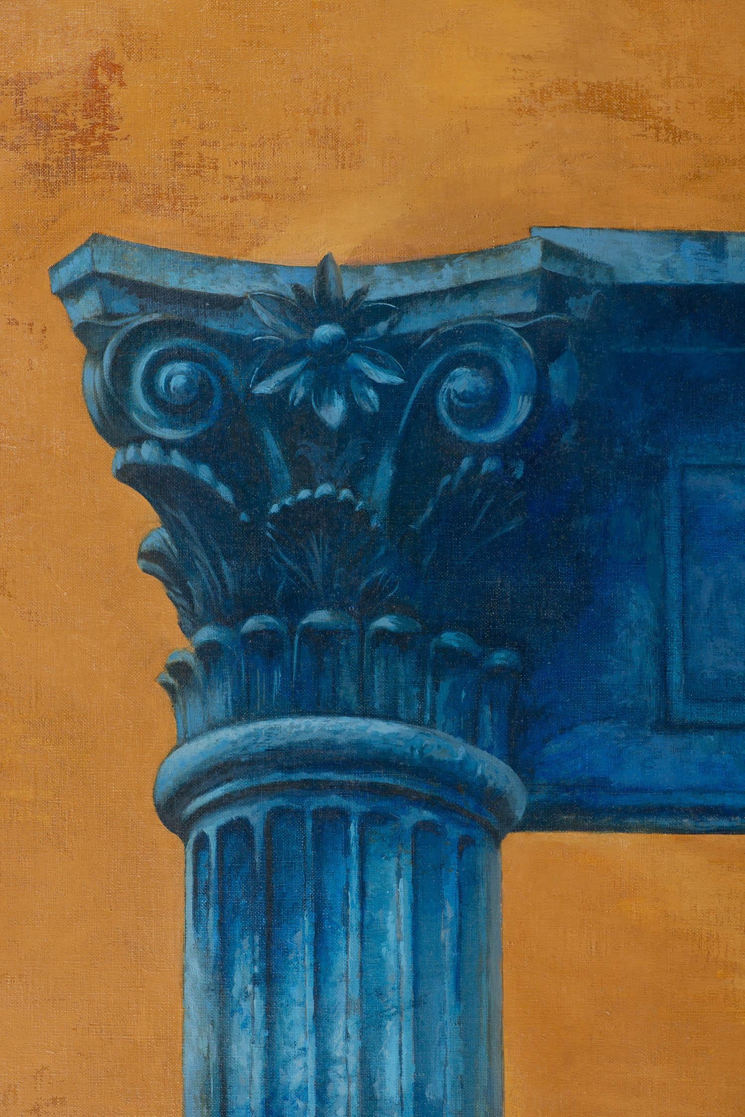 The Blue Column - Orange Landscape Painting by Juan Álvarez Cebrián