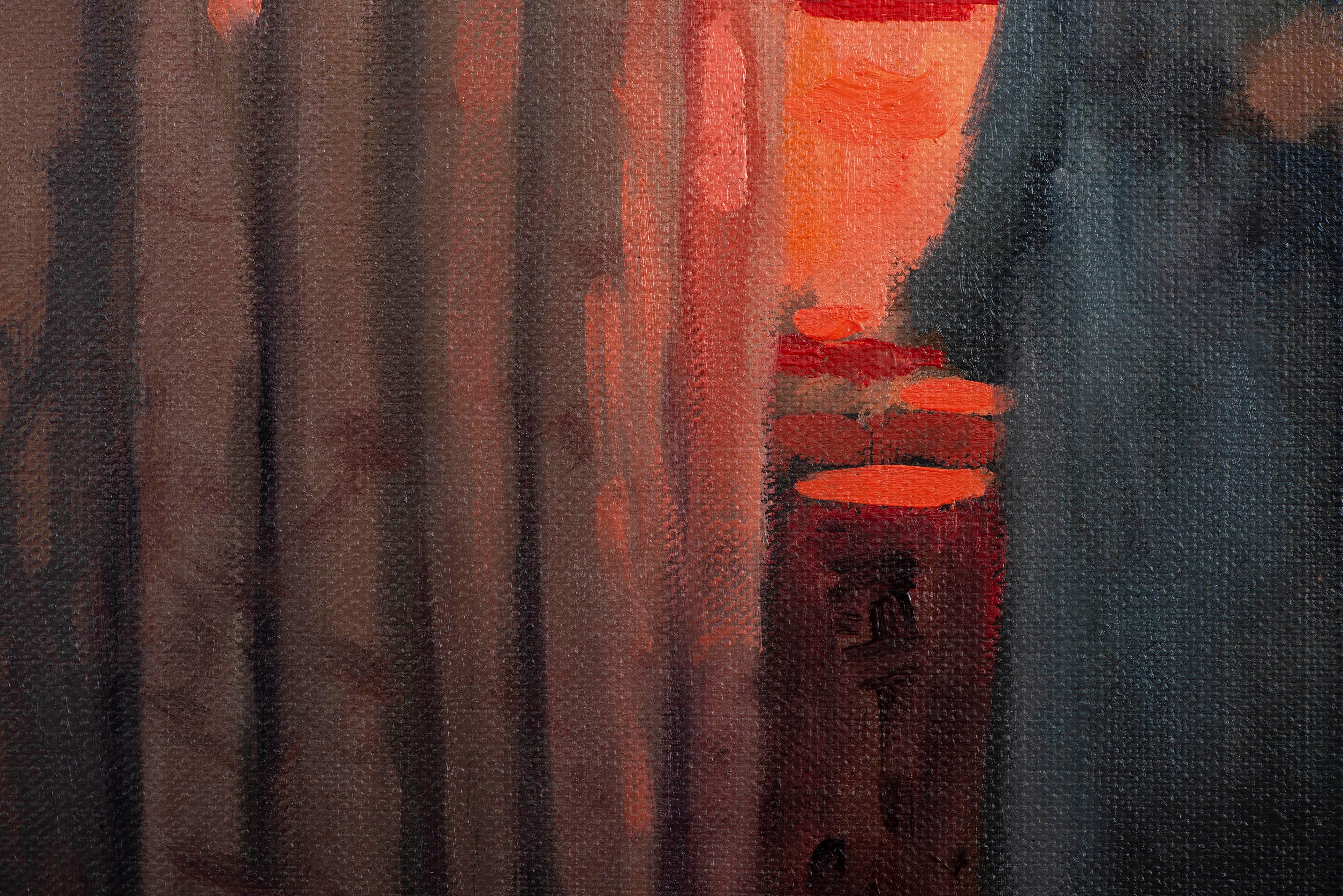Cette œuvre représente une expérience picturale dans laquelle l'artiste cherche à se détacher de son style habituel. La scène représente un personnage habillé pour sortir, évoquant l'élégance des années 1920. Elle se déroule dans un intérieur de