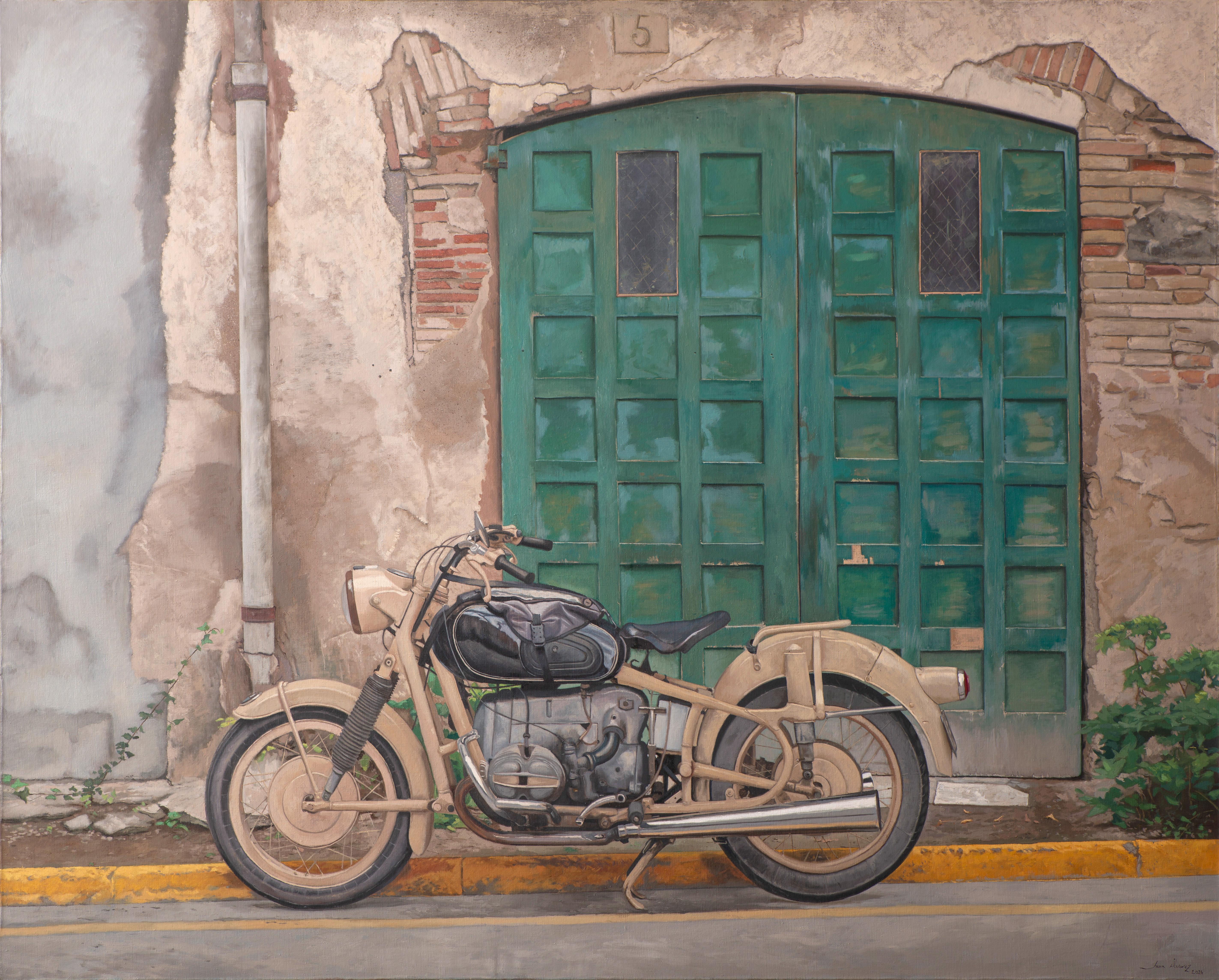 The motorcycle - Painting by Juan Álvarez Cebrián