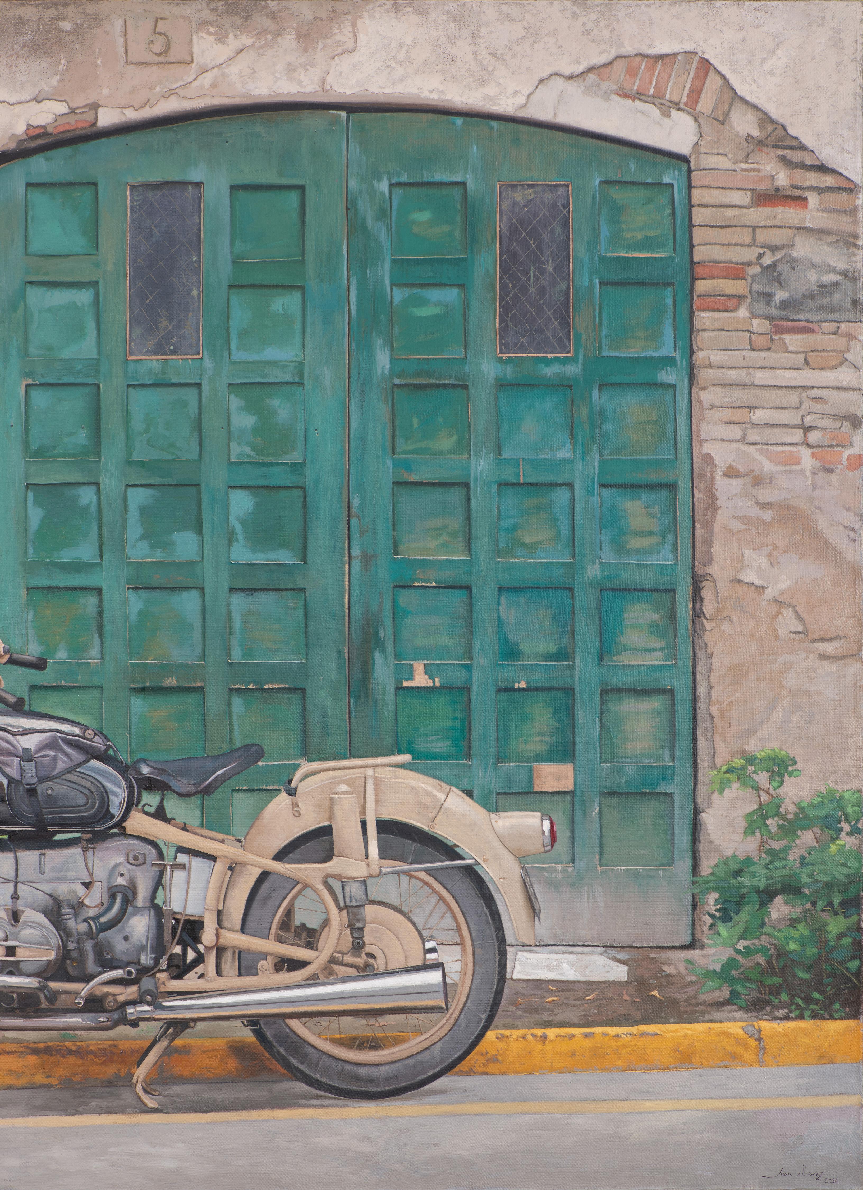 The motorcycle - Gray Landscape Painting by Juan Álvarez Cebrián