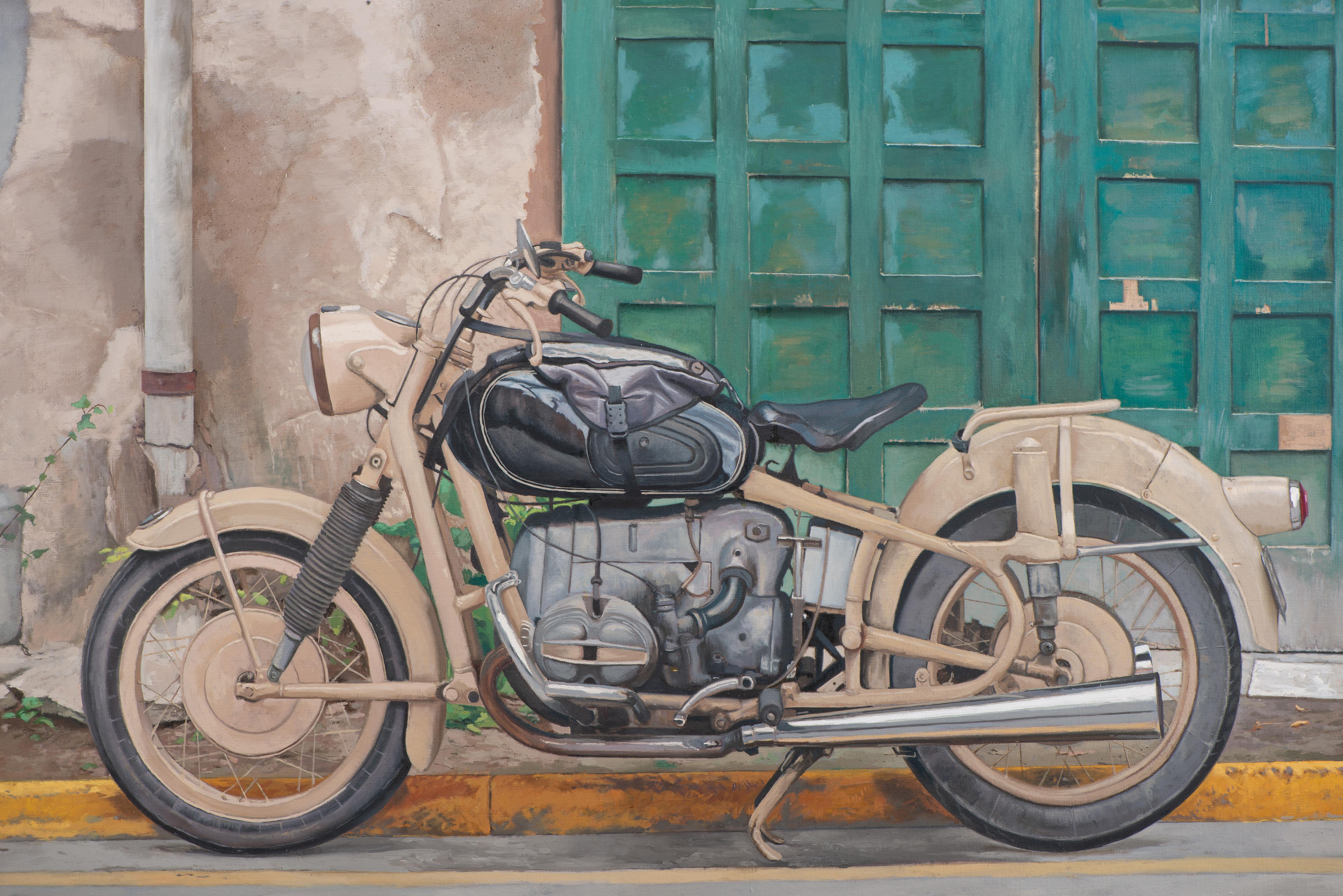 The Motorcycle, an oil painting that captures the soul of an era, where history intertwines with nostalgia and the passage of time becomes palpable. At the center of the composition, an old motorcycle rests with dignity, as if it were a guardian of