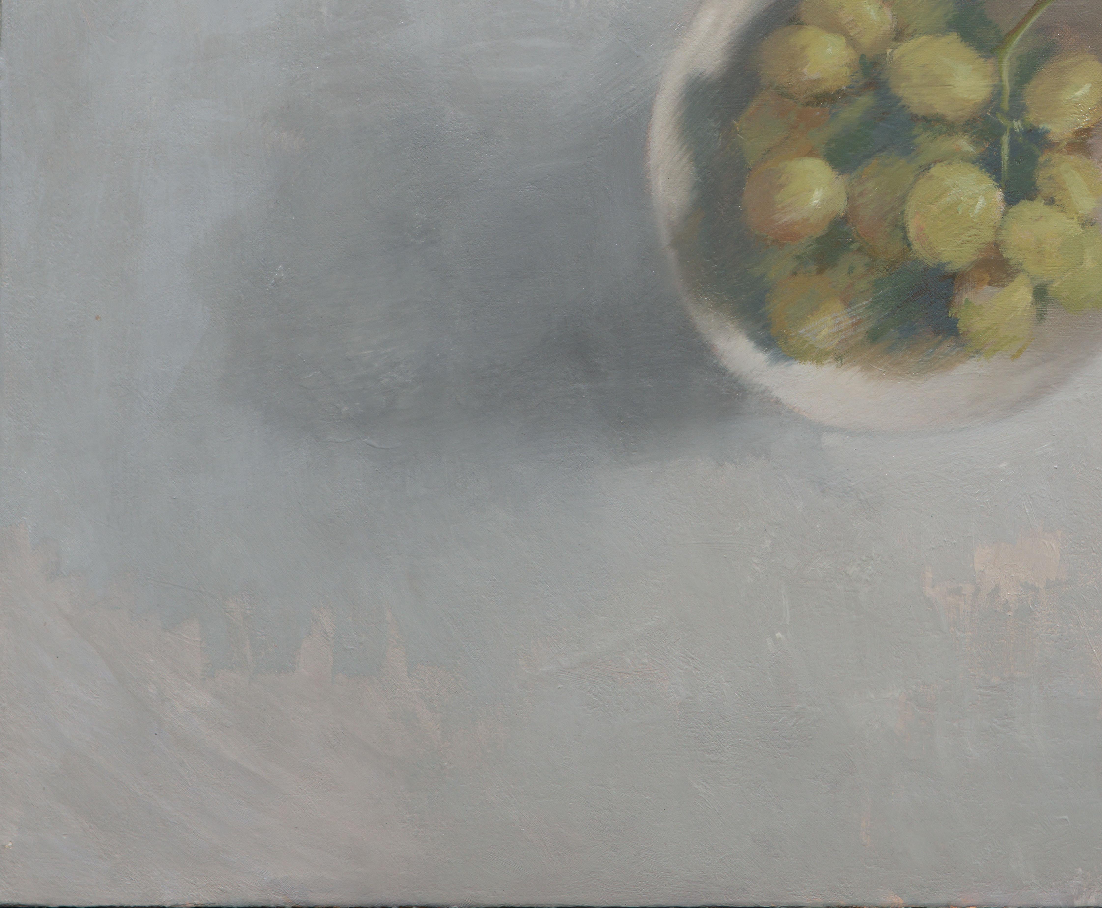 This large-format painting features two bowls with grapes arranged diagonally within the pictorial space. The top-down view emphasizes the geometric play of the elements, with each bowl occupying a golden section in the composition. The treatment is