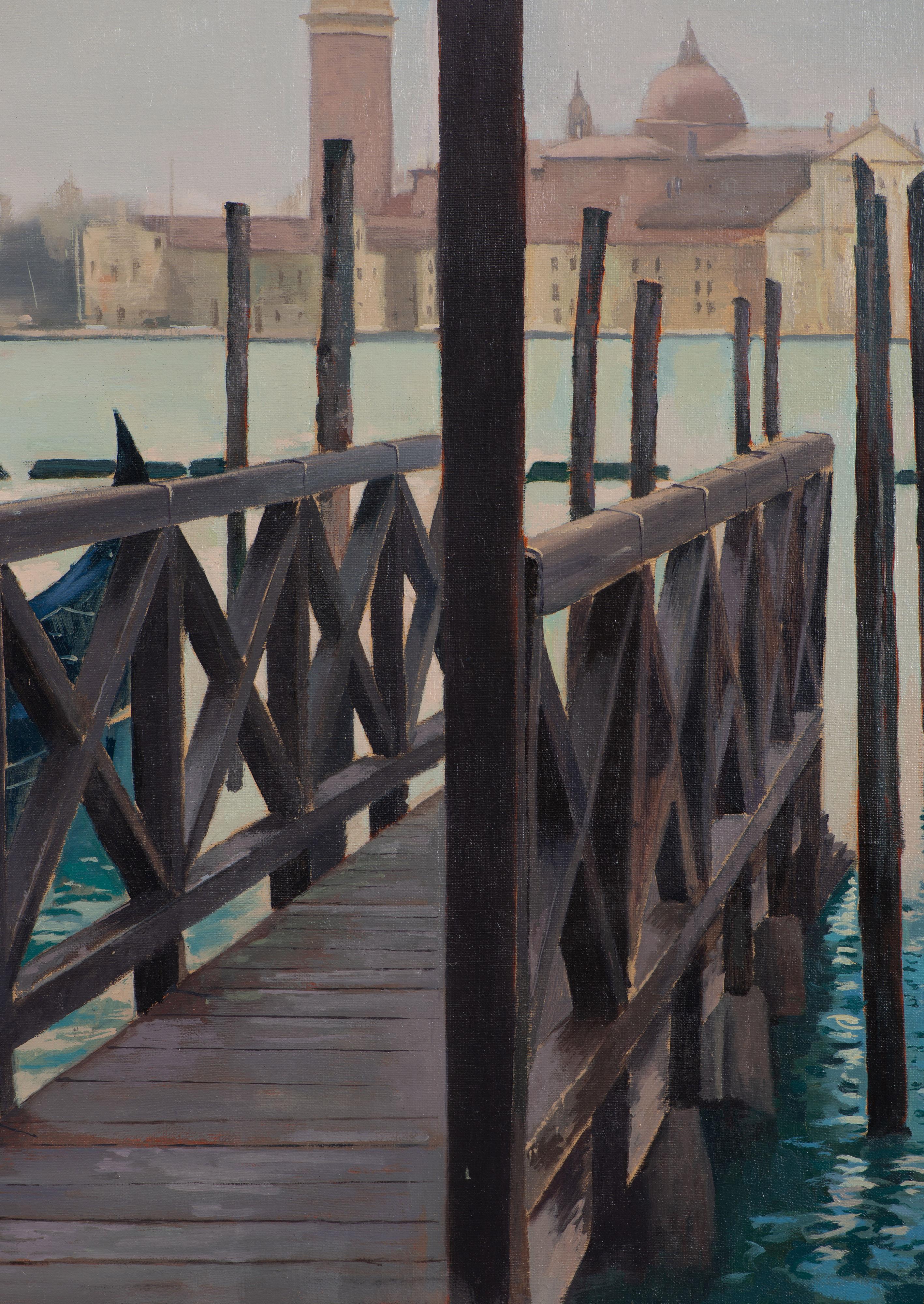 Venise I - Gris Landscape Painting par Juan Álvarez Cebrián