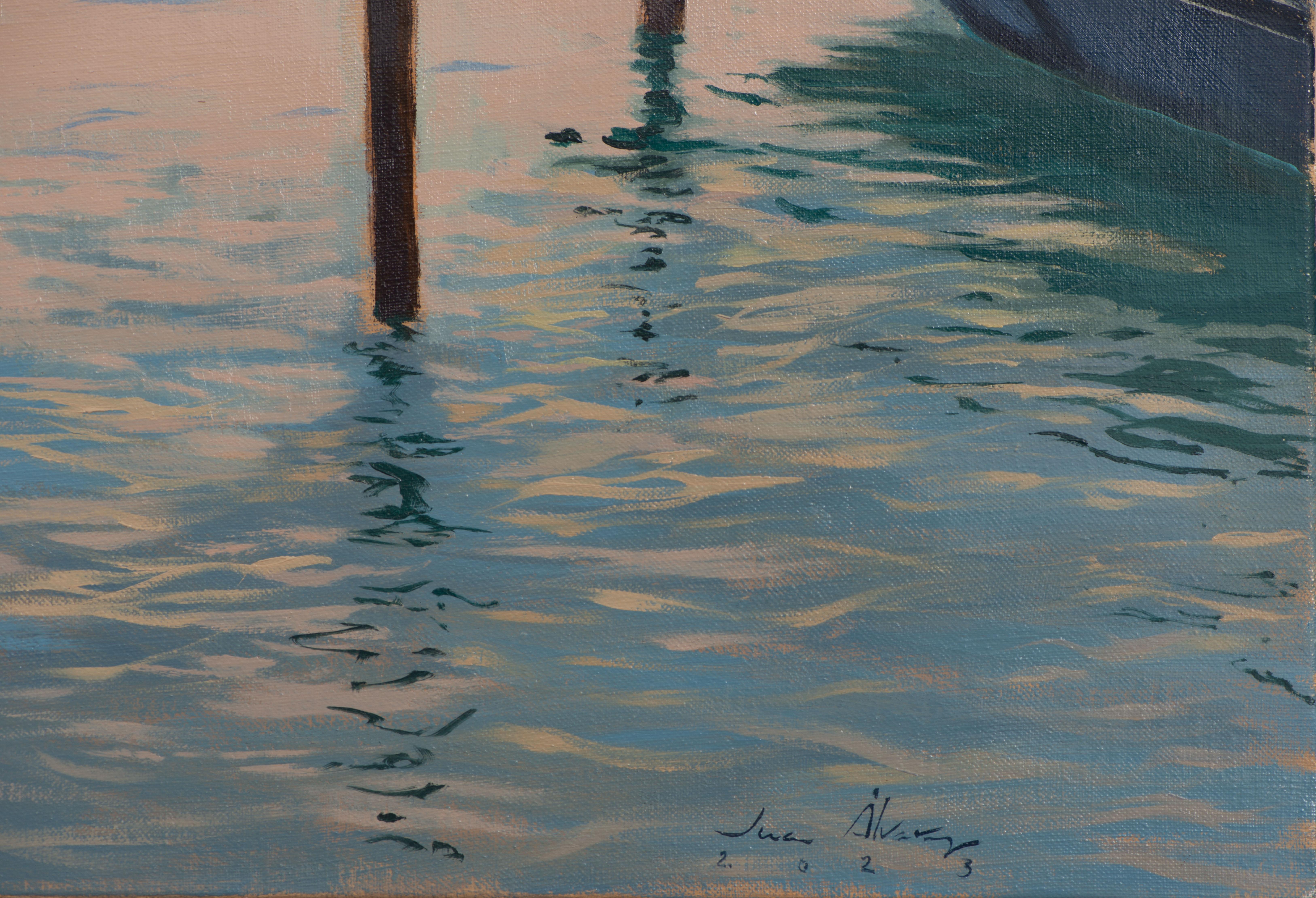 J'ai peint cette vue du canal de Venise par un matin gris et brumeux, en jouant avec le chromatisme de la scène pour altérer les couleurs et créer une luminosité particulière. J'ai utilisé des tons doux pour envelopper la ville d'une atmosphère